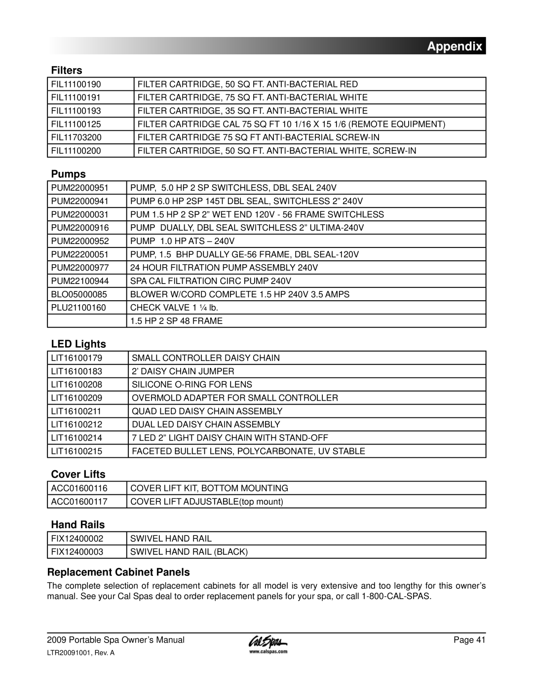 Cal Spas Portable Spas manual Filters, Pumps, LED Lights, Cover Lifts, Hand Rails, Replacement Cabinet Panels 