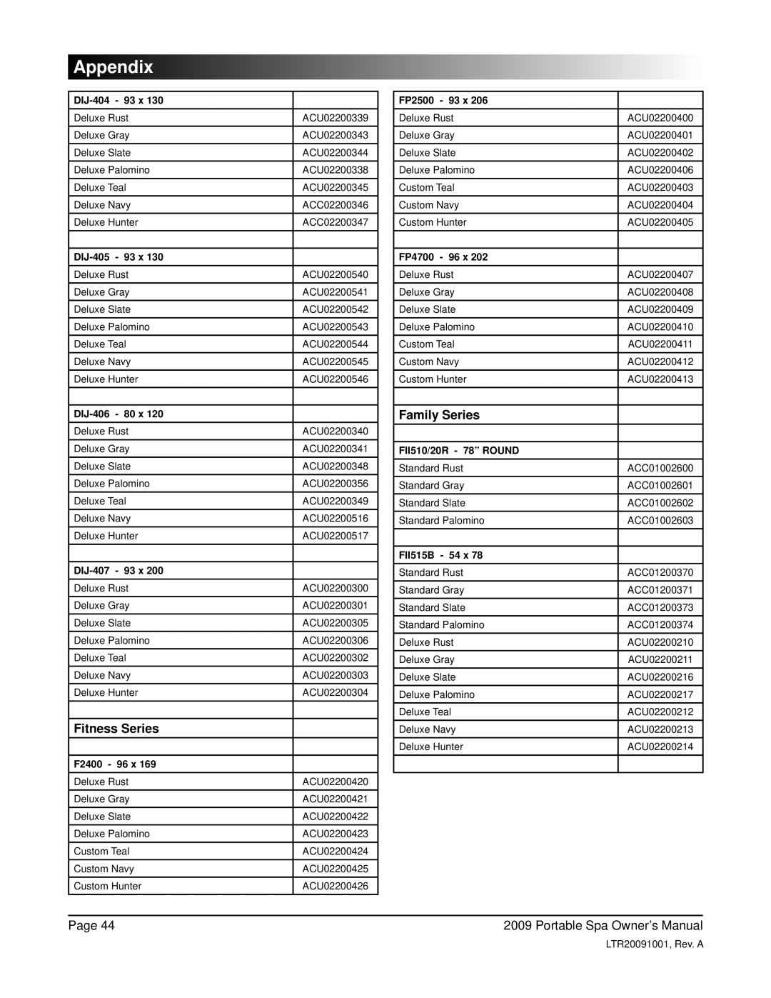 Cal Spas Portable Spas manual Fitness Series, Family Series 