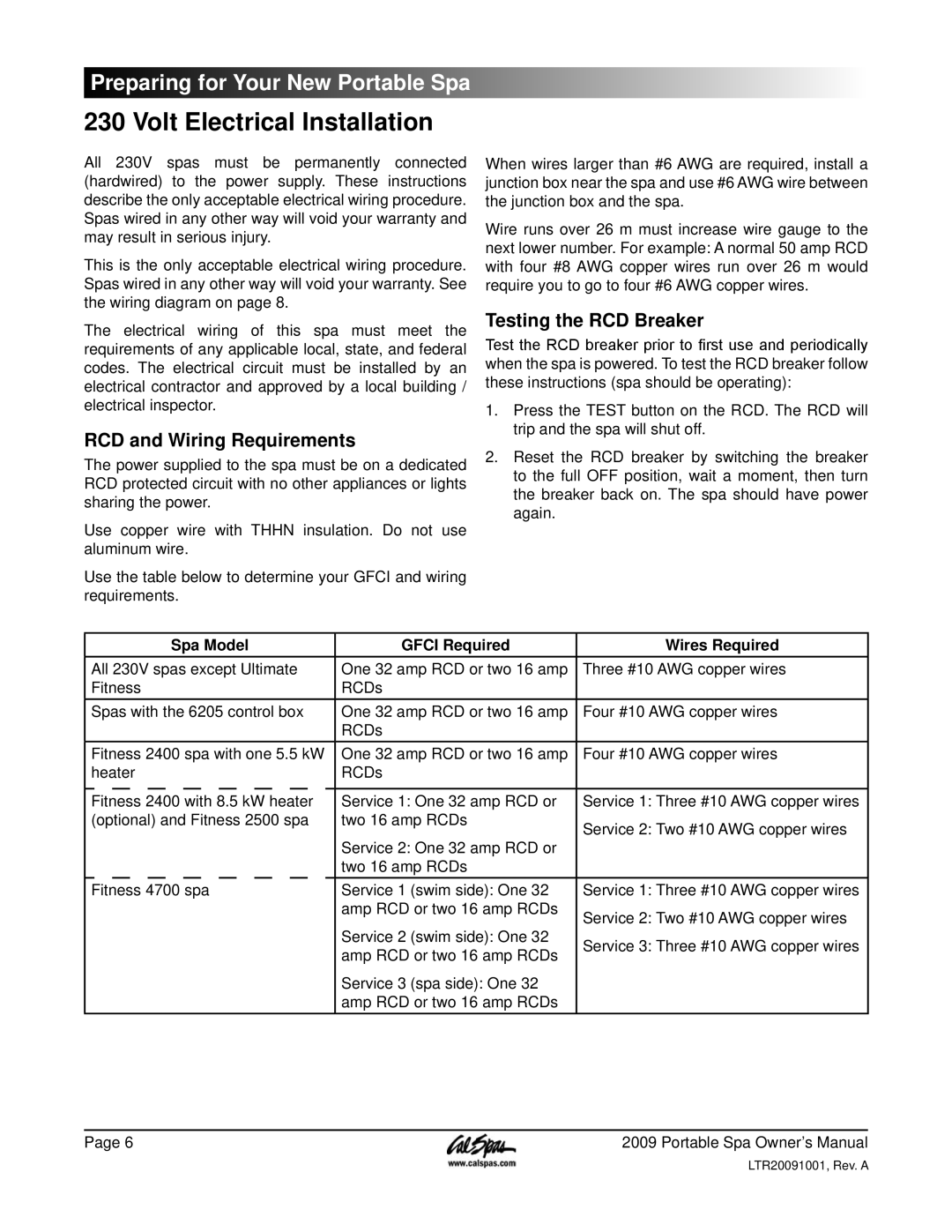 Cal Spas Portable Spas manual Volt Electrical Installation, RCD and Wiring Requirements, Testing the RCD Breaker 