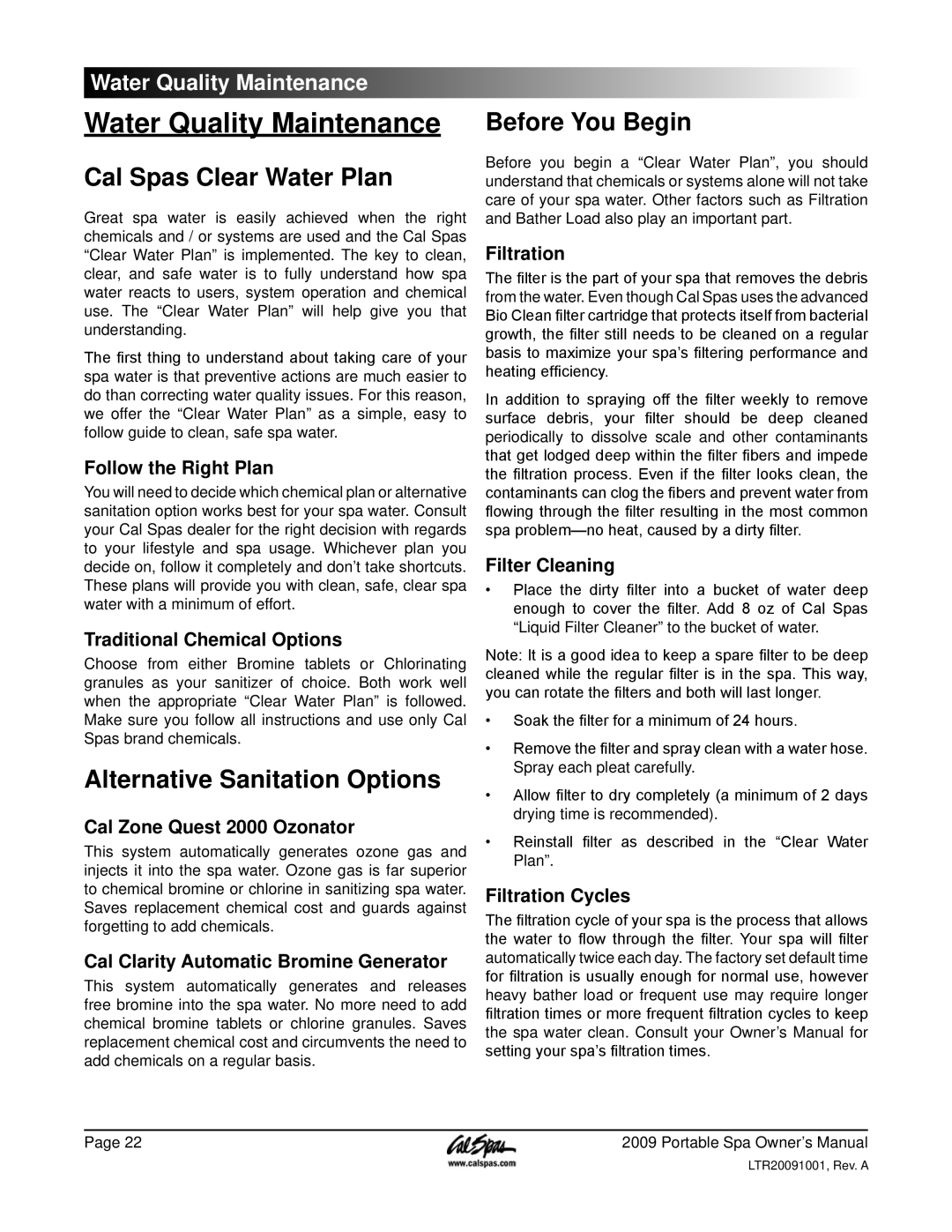 Cal Spas Portable Spas Water Quality Maintenance, Cal Spas Clear Water Plan, Alternative Sanitation Options, Filtration 