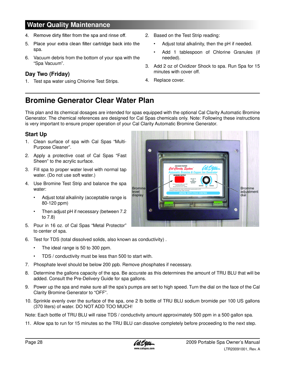Cal Spas Portable Spas manual Bromine Generator Clear Water Plan, Day Two Friday, Water Quality Maintenance, Start Up 