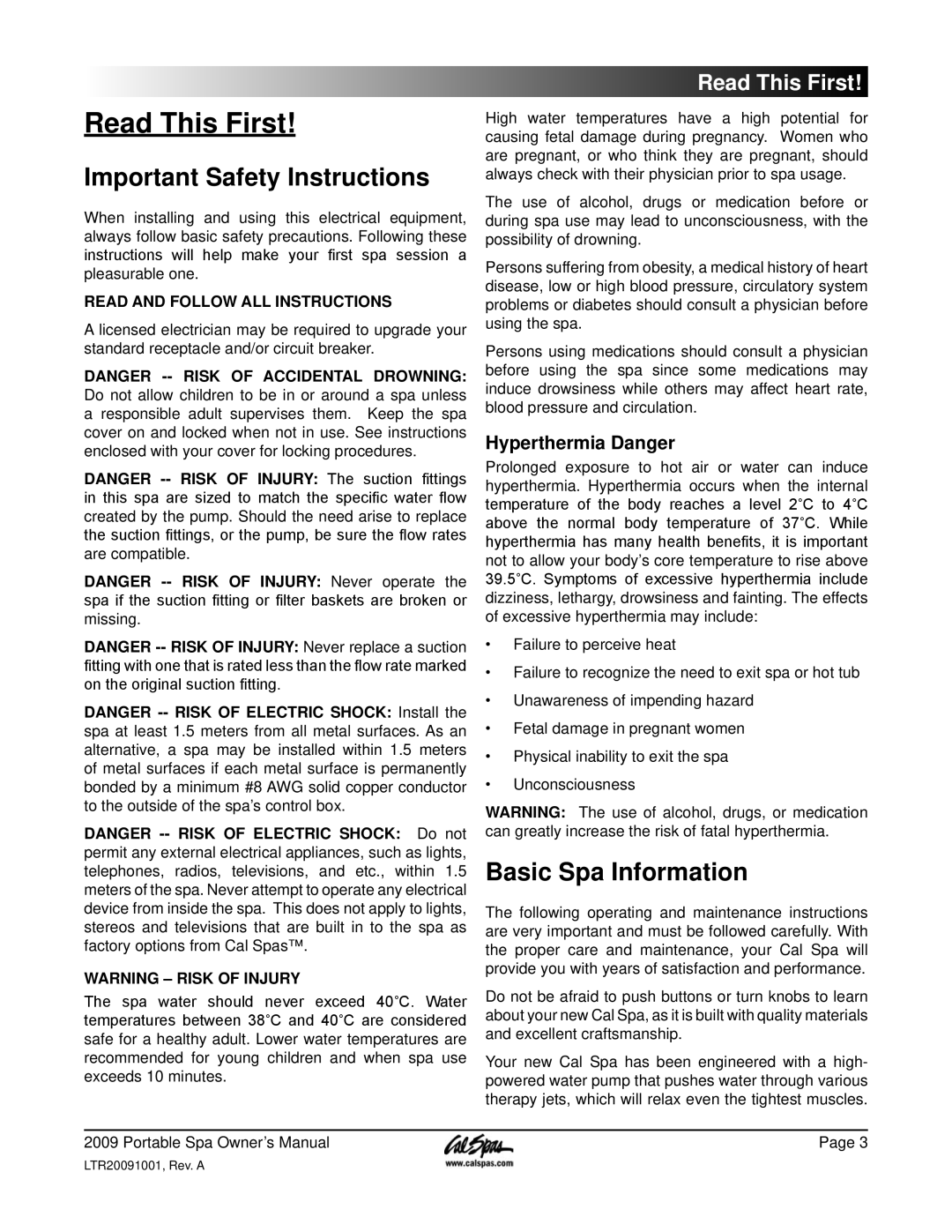 Cal Spas Portable Spas manual Read This First, Important Safety Instructions, Basic Spa Information, Hyperthermia Danger 