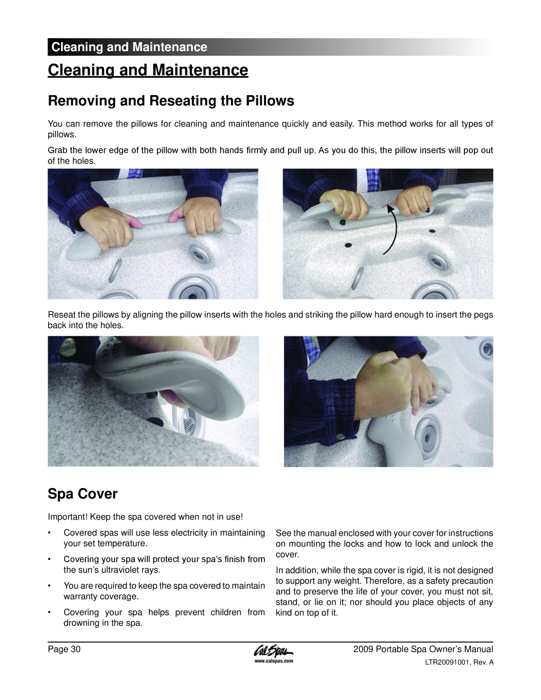 Cal Spas Portable Spas manual Cleaning and Maintenance, Removing and Reseating the Pillows, Spa Cover 