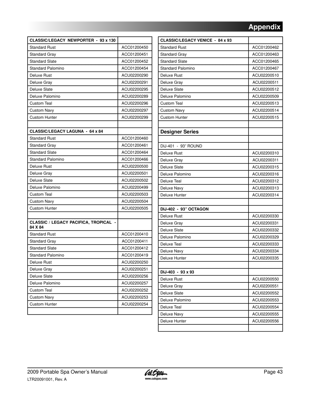 Cal Spas Portable Spas manual Designer Series, Appendix, CLASSIC/LEGACY NEWPORTER - 93 x, CLASSIC/LEGACY LAGUNA - 64, 84 X 
