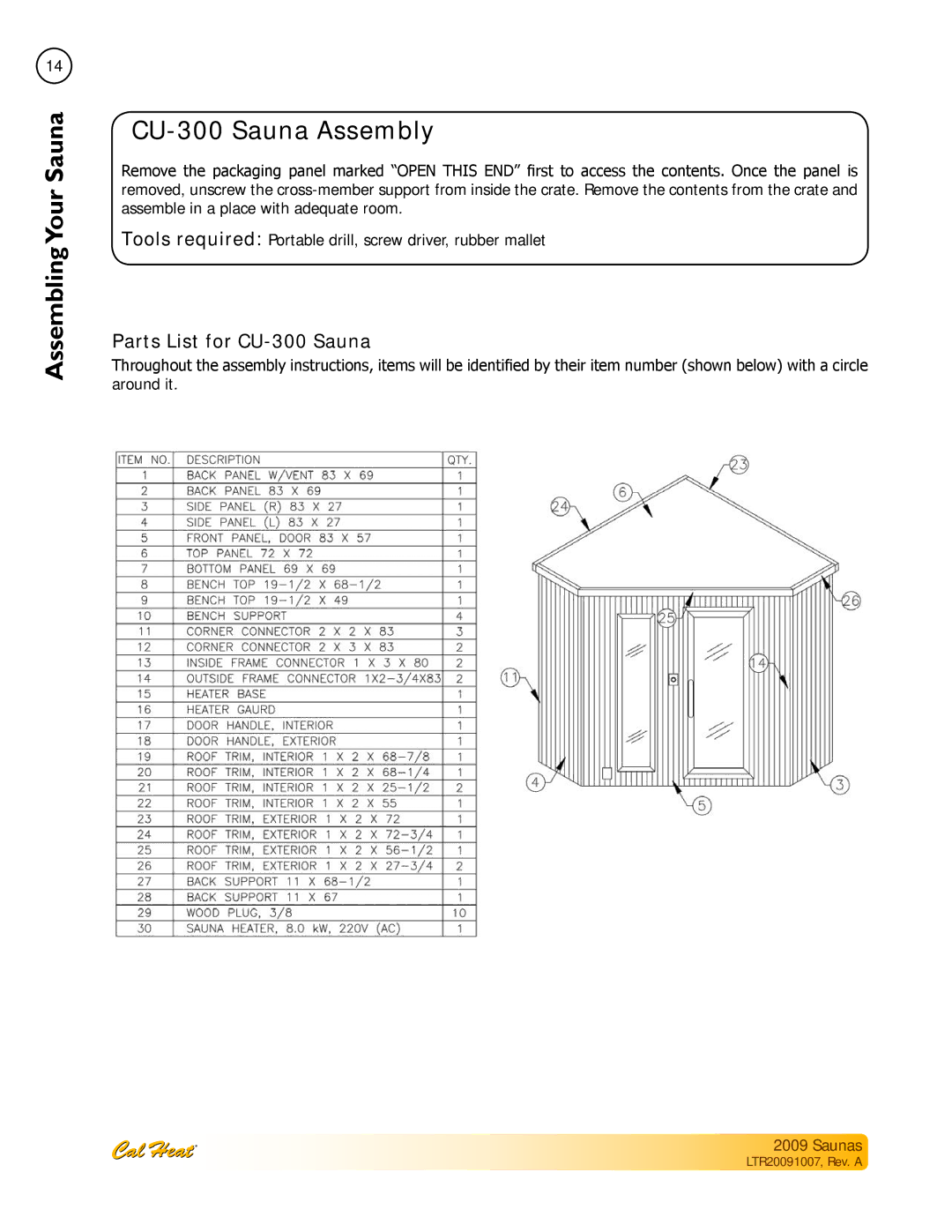 Cal Spas Saunas manual CU-300 Sauna Assembly, Parts List for CU-300 Sauna 