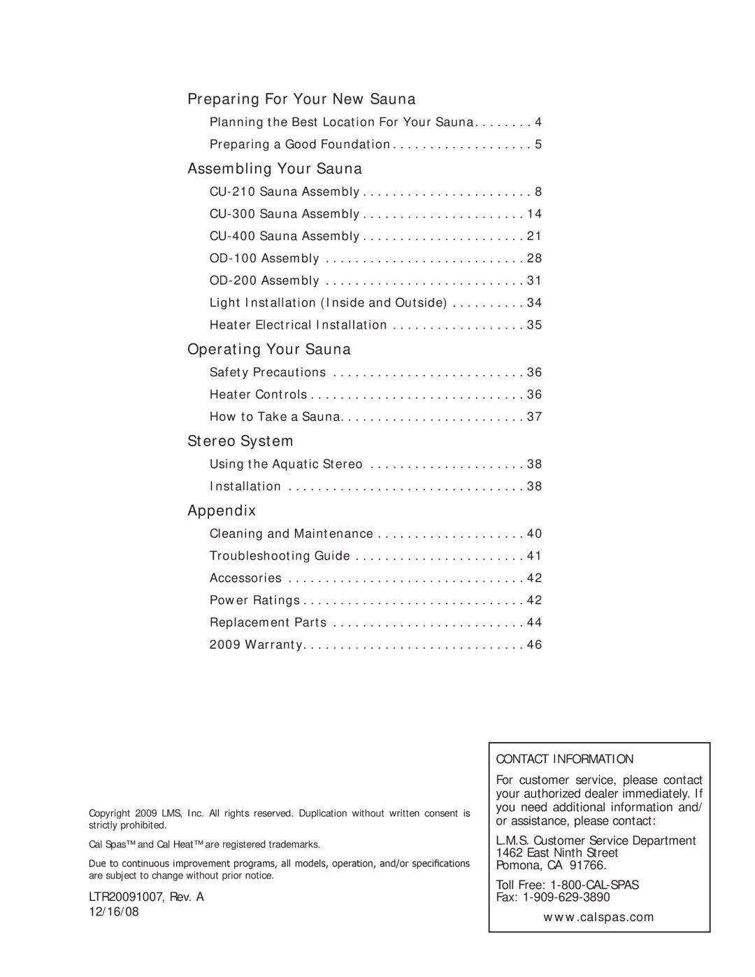 Cal Spas Saunas manual Preparing For Your New Sauna, Assembling Your Sauna, Operating Your Sauna, Stereo System, Appendix 