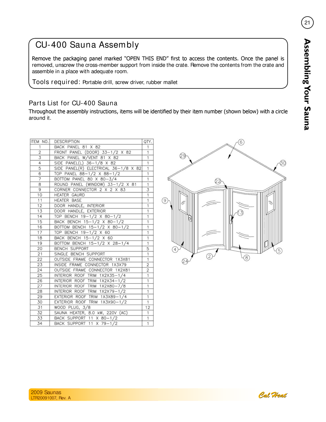 Cal Spas Saunas manual CU-400 Sauna Assembly, Parts List for CU-400 Sauna 