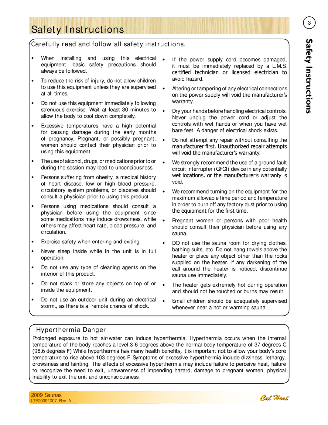 Cal Spas Saunas manual Safety Instructions, Carefully read and follow all safety instructions, Hyperthermia Danger 