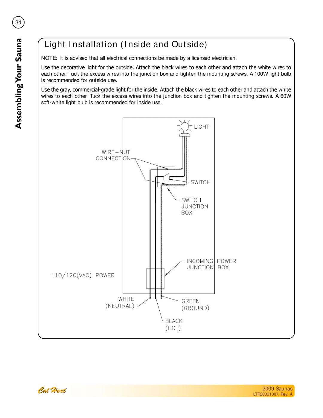 Cal Spas Saunas manual Light Installation Inside and Outside 