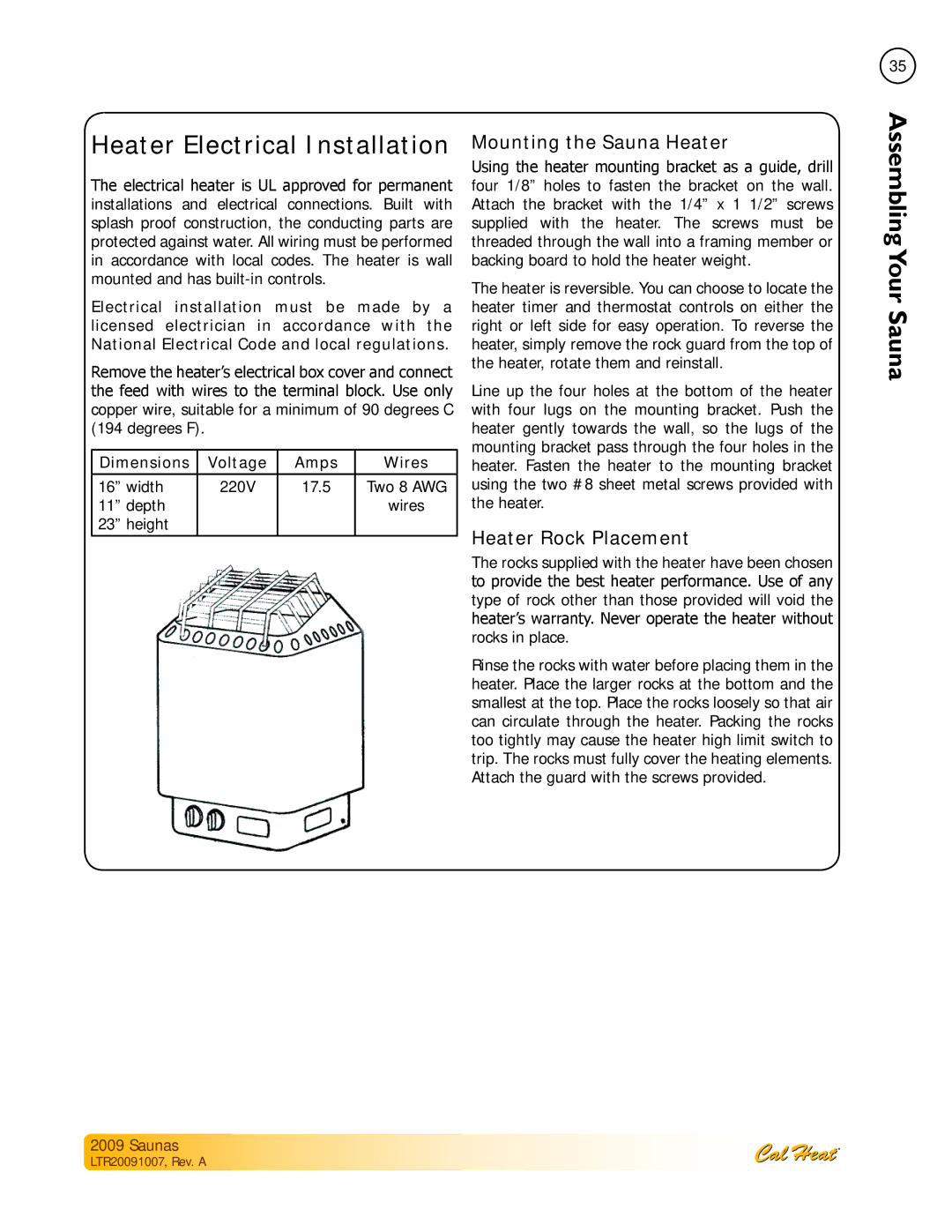 Cal Spas Saunas manual Heater Electrical Installation, Mounting the Sauna Heater, Heater Rock Placement 