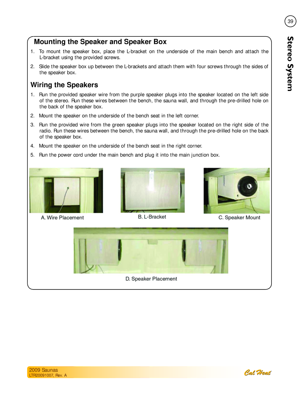 Cal Spas Saunas manual Mounting the Speaker and Speaker Box 