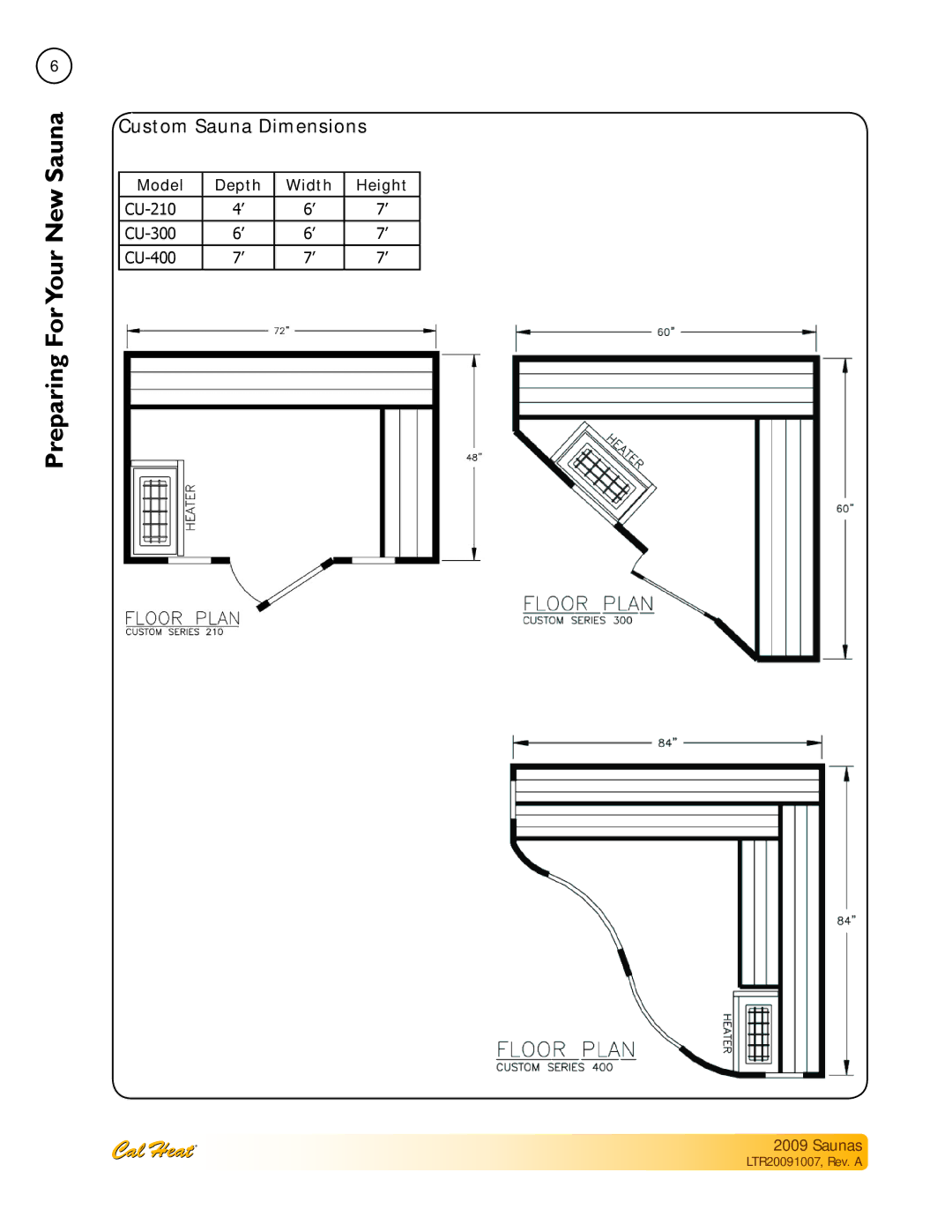 Cal Spas Saunas manual Custom Sauna Dimensions, Model Depth Width Height 