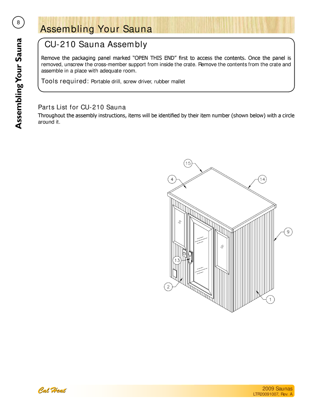 Cal Spas Saunas manual Assembling Your Sauna, CU-210 Sauna Assembly, Parts List for CU-210 Sauna 