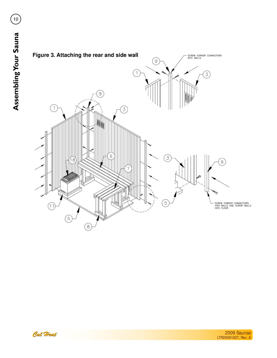 Cal Spas Saunas manual Attaching the rear and side wall, Assembling SaunaYour, LTR20091007, Rev. A 