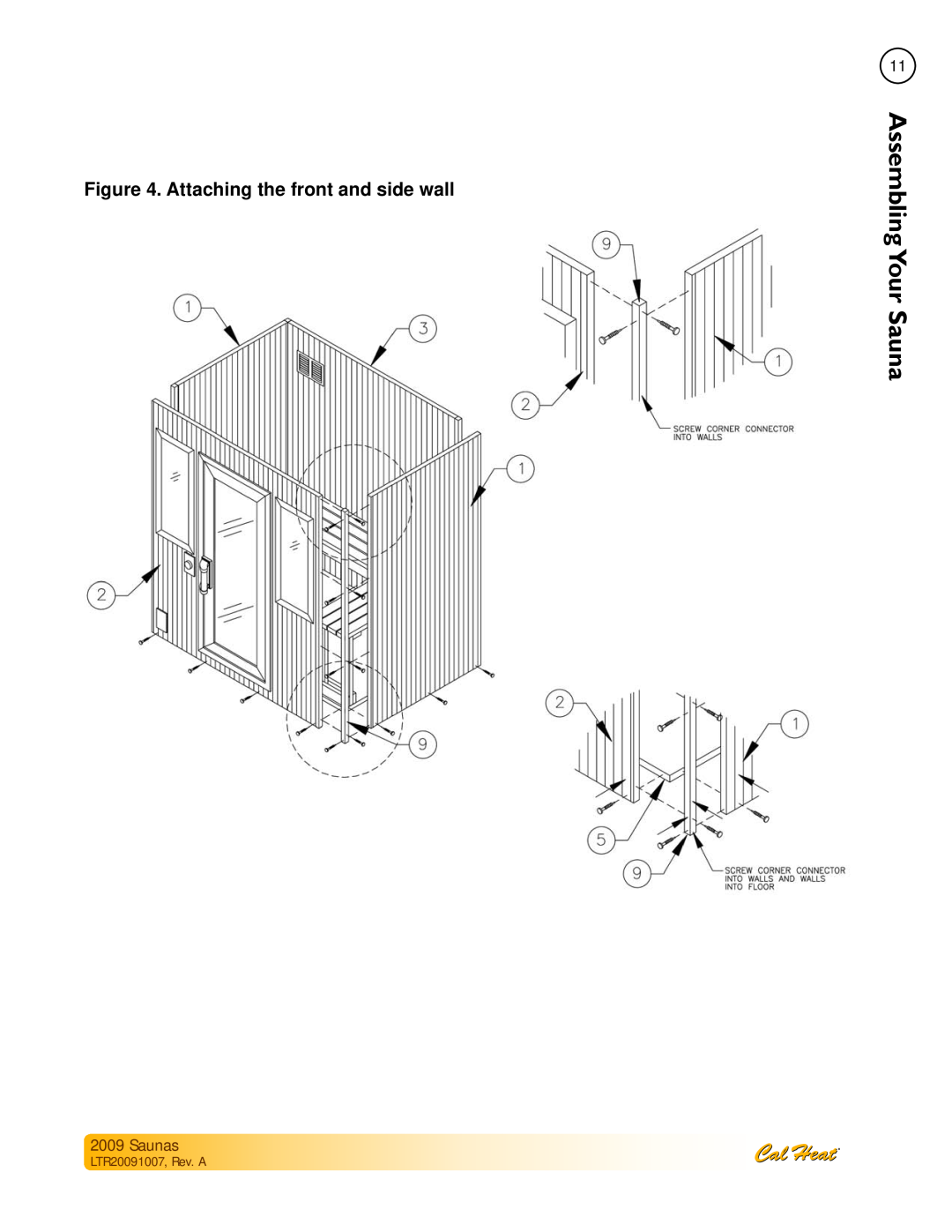 Cal Spas Saunas manual Attaching the front and side wall, LTR20091007, Rev. A, AssemblingYour 