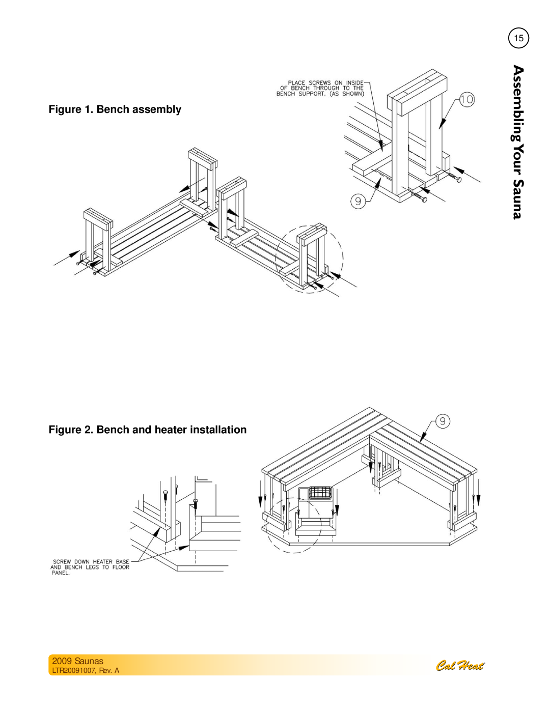 Cal Spas Saunas manual Bench assembly, Bench and heater installation, LTR20091007, Rev. A, AssemblingYour 