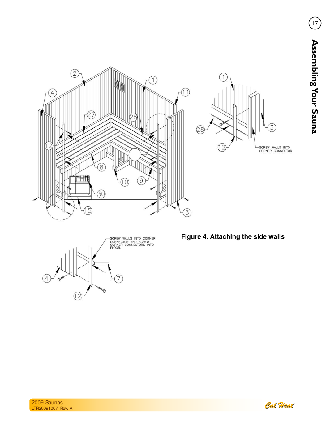Cal Spas Saunas manual Attaching the side walls, LTR20091007, Rev. A, AssemblingYour 