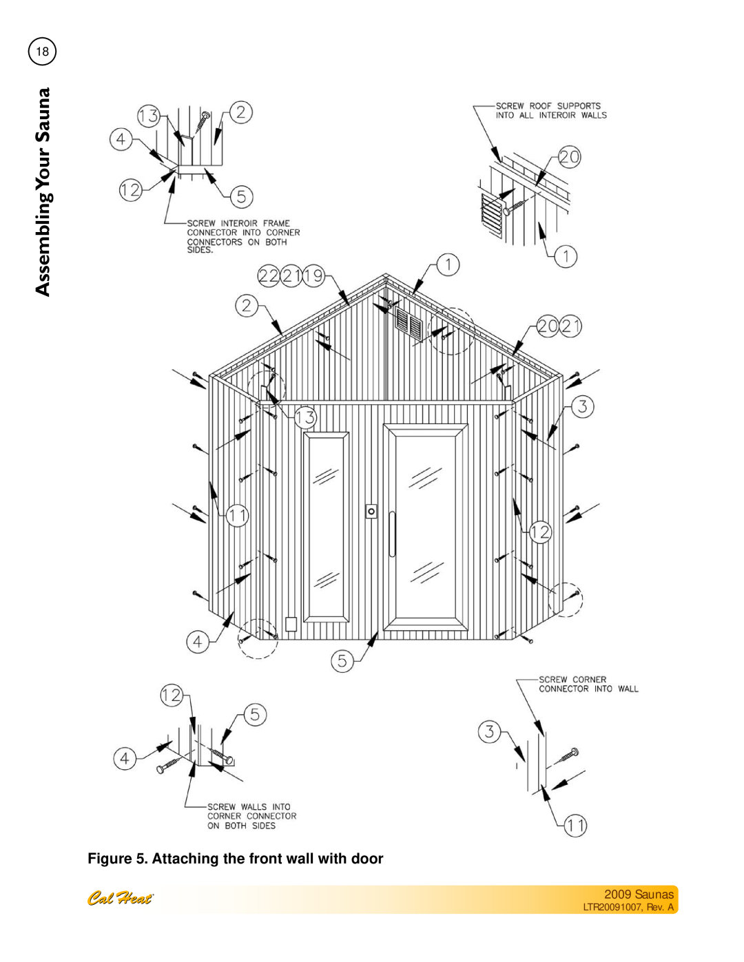 Cal Spas Saunas manual Attaching the front wall with door, SaunaYour Assembling, LTR20091007, Rev. A 