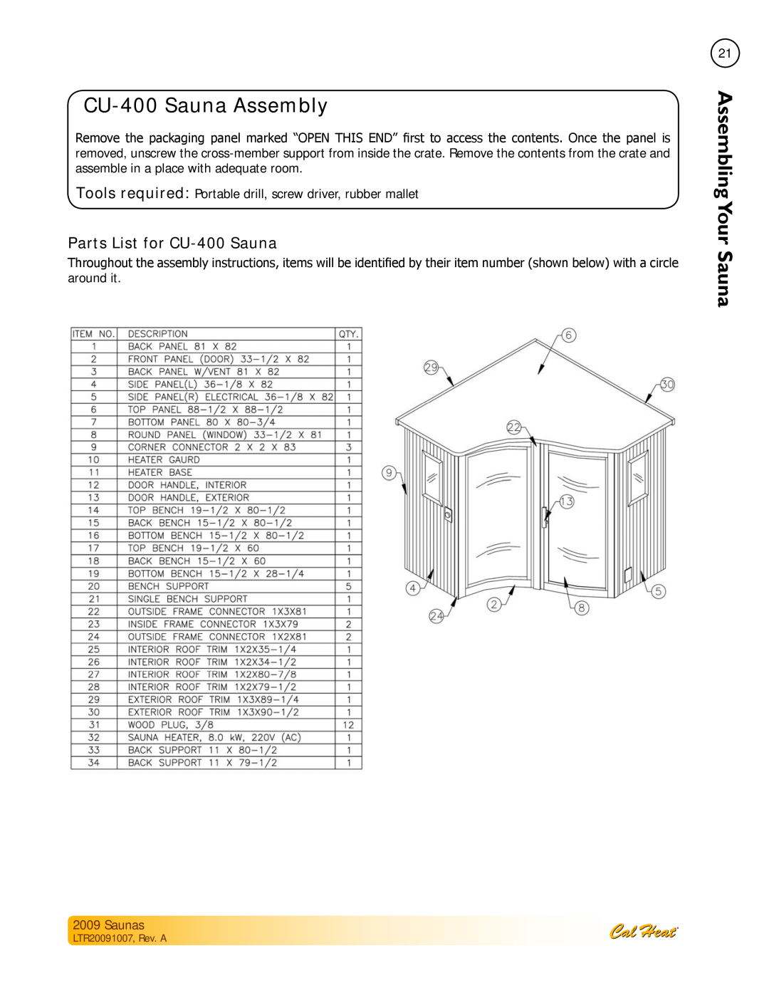 Cal Spas Saunas manual CU-400Sauna Assembly, Parts List for CU-400Sauna 