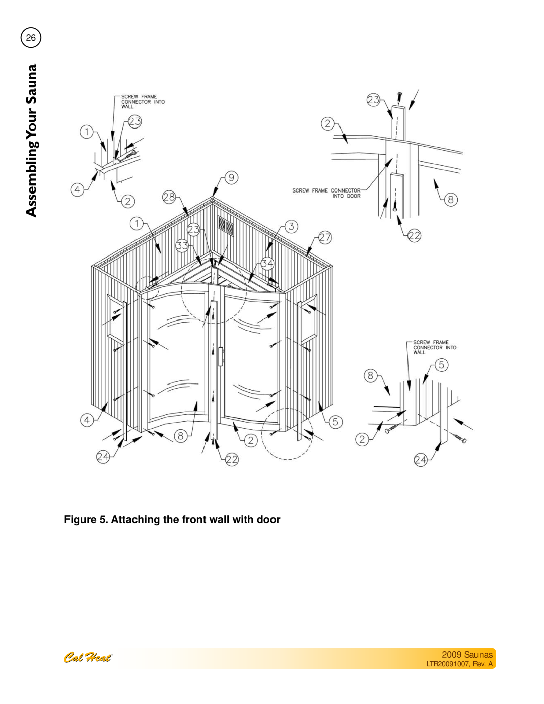 Cal Spas Saunas manual SaunaYour Assembling, Attaching the front wall with door, LTR20091007, Rev. A 