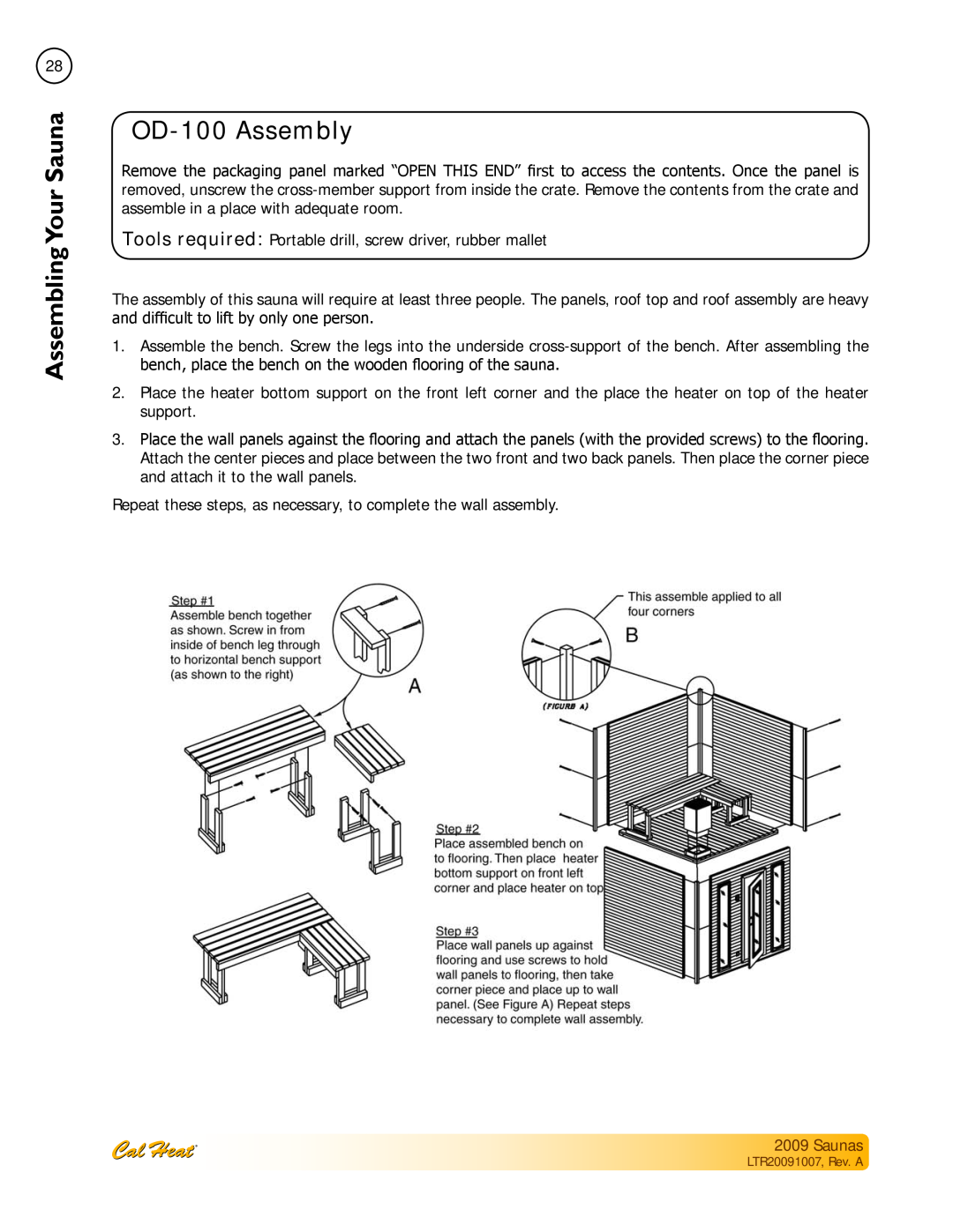 Cal Spas Saunas manual OD-100Assembly, Assembling SaunaYour 