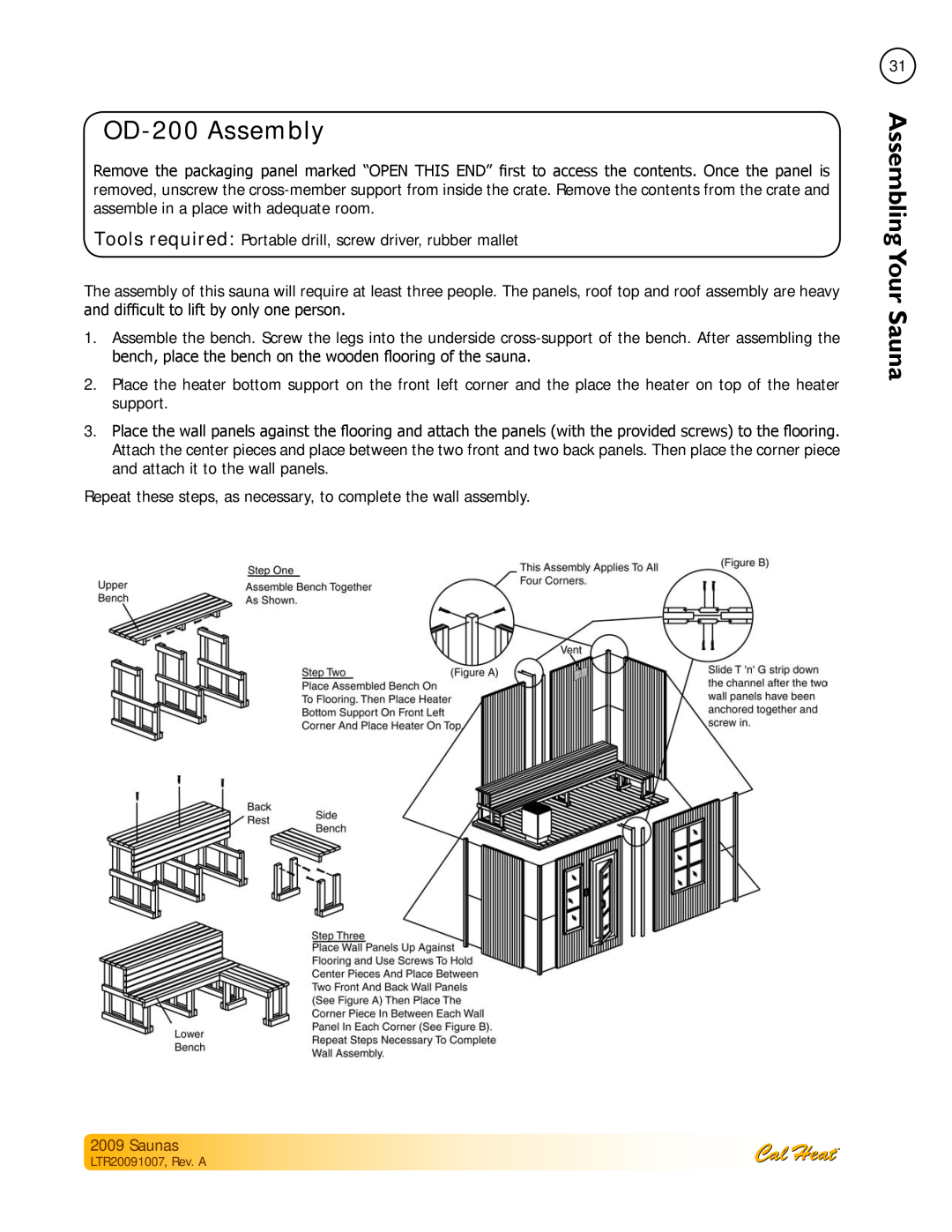 Cal Spas Saunas manual OD-200Assembly, AssemblingYour 