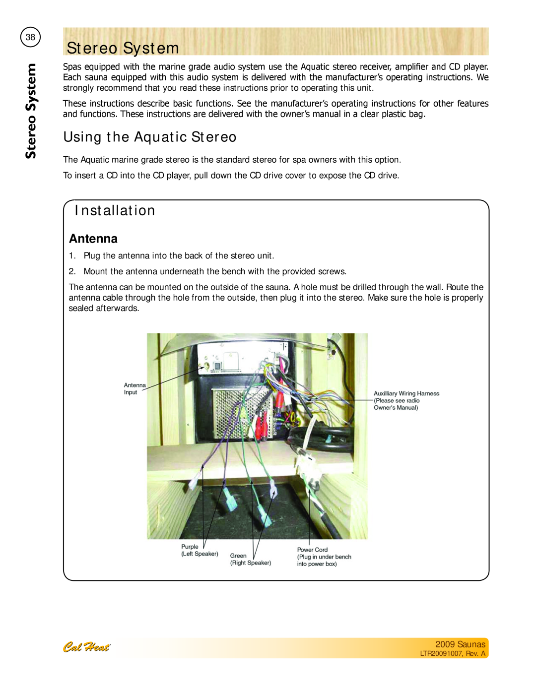 Cal Spas Saunas manual Stereo System, Using the Aquatic Stereo, Installation, Antenna 