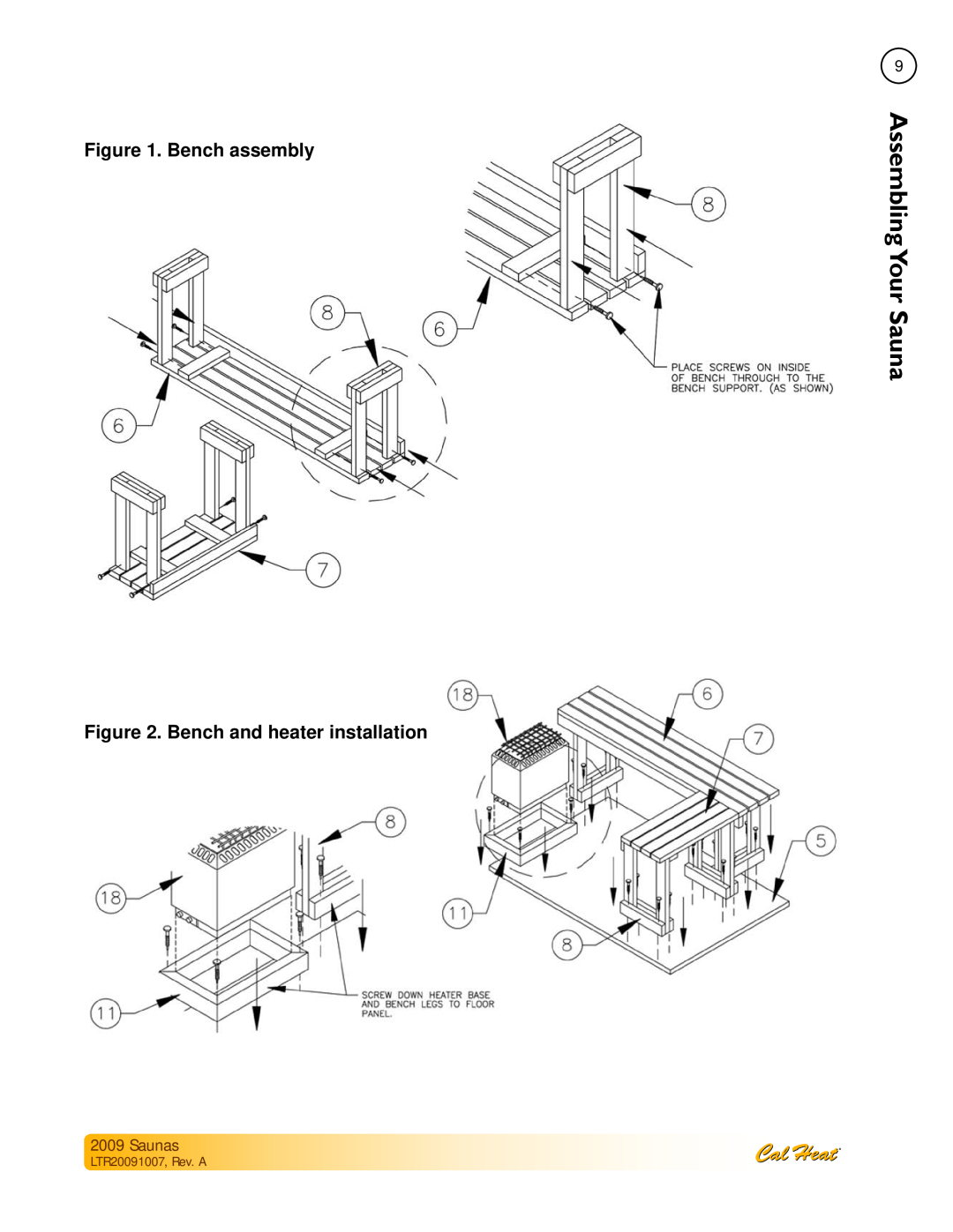 Cal Spas Saunas manual Bench assembly, Bench and heater installation, LTR20091007, Rev. A, AssemblingYour 