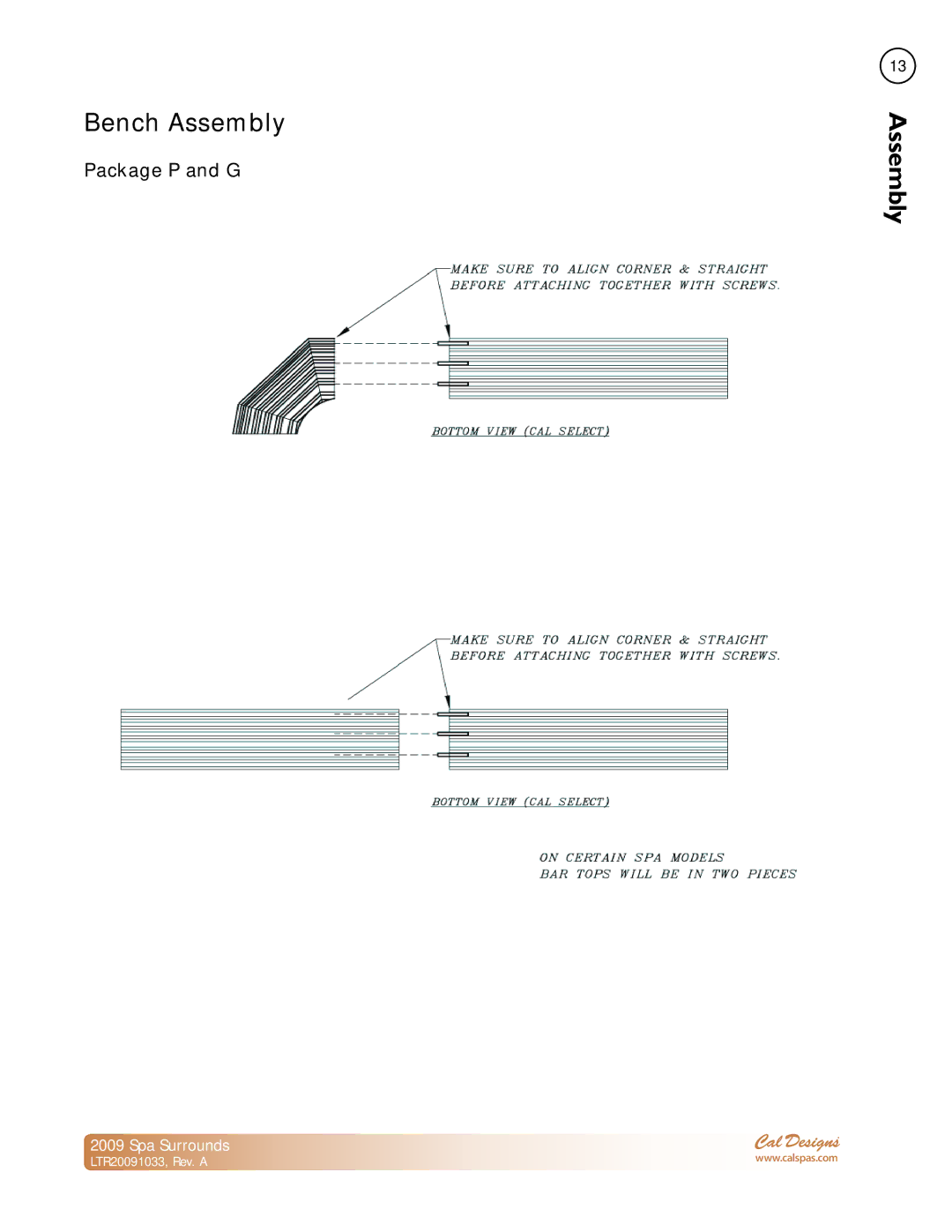 Cal Spas Spa Surrounds manual Bench Assembly, Package P and G 
