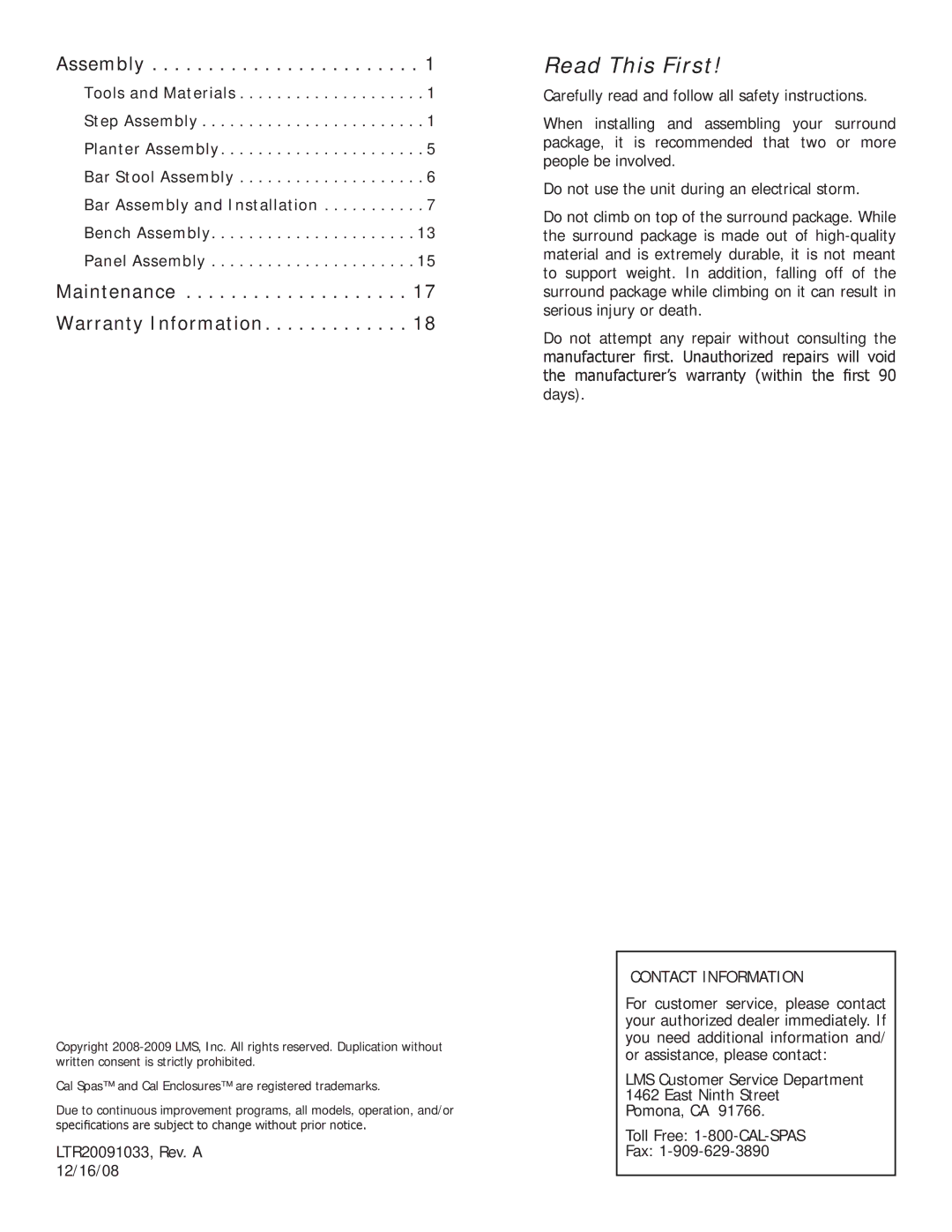 Cal Spas Spa Surrounds manual Assembly, Maintenance Warranty Information 