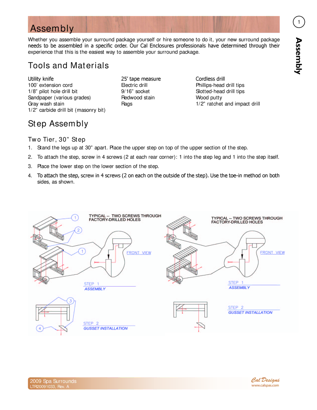 Cal Spas Spa Surrounds manual Tools and Materials, Step Assembly, Two Tier, 30 Step 