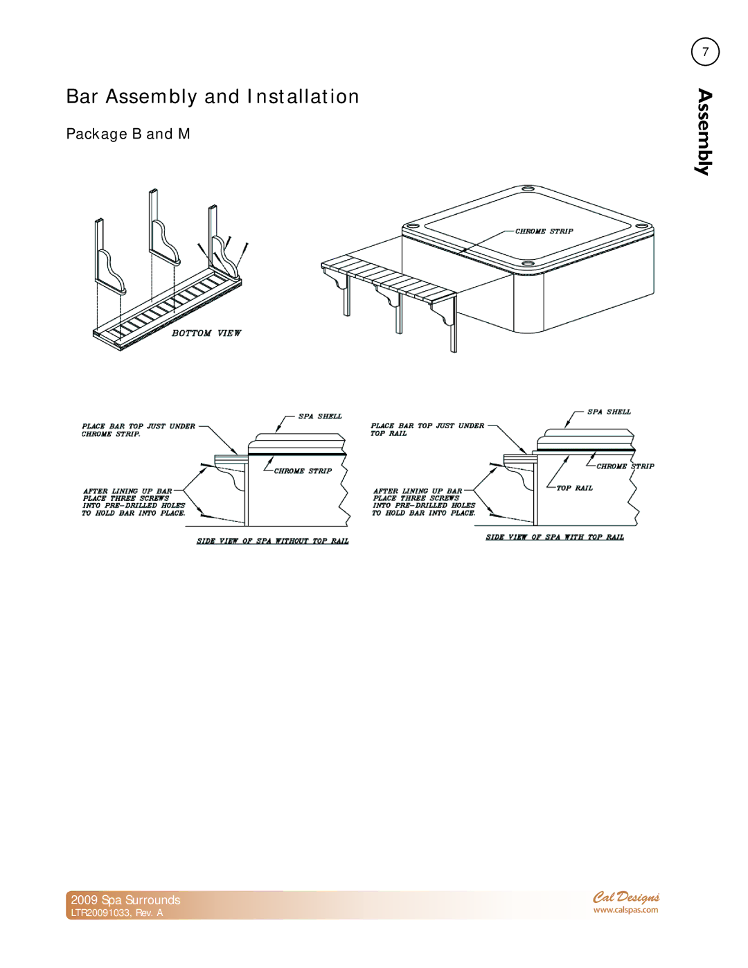 Cal Spas Spa Surrounds manual Bar Assembly and Installation, Package B and M 