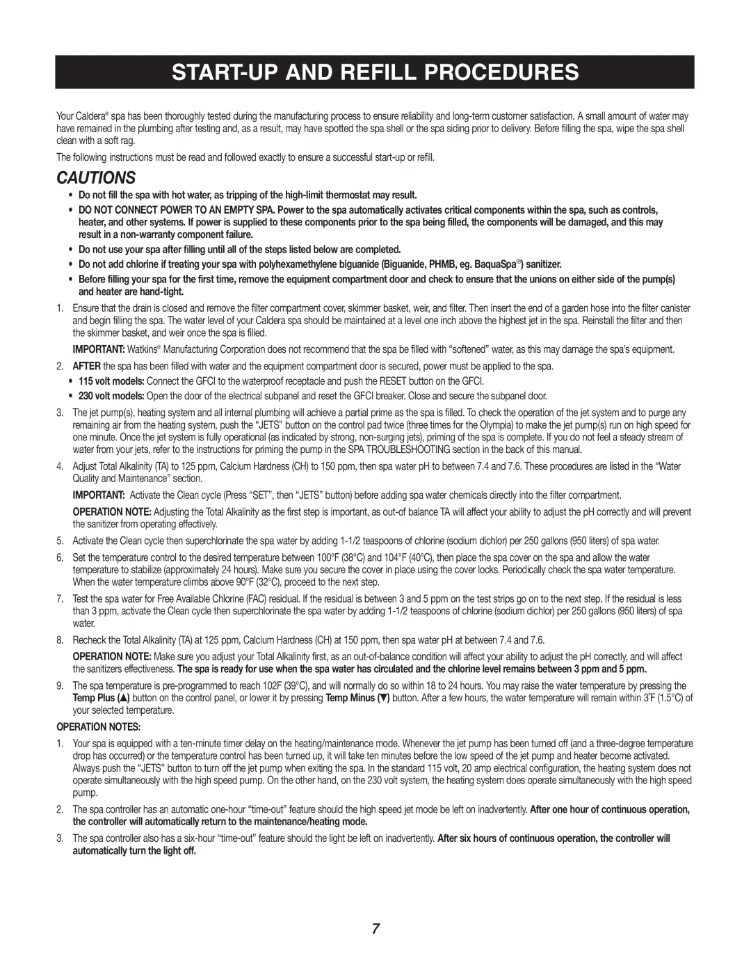 Caldera Highland Series owner manual START-UP and Refill Procedures, Operation Notes 