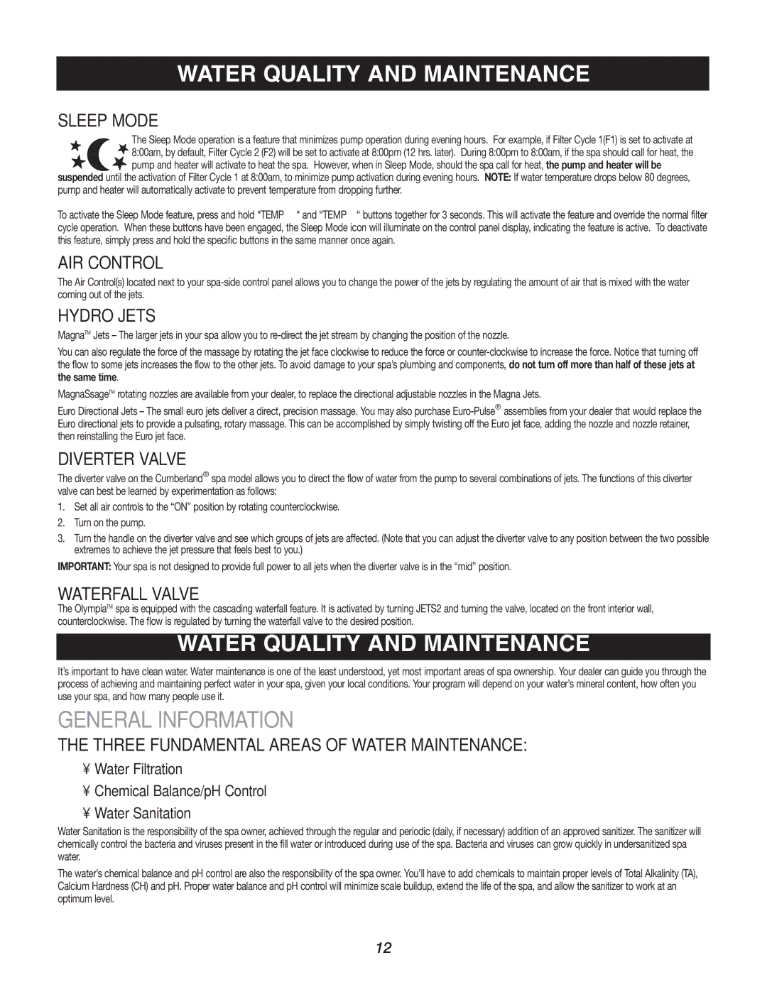 Caldera Highland Series owner manual Water Quality and Maintenance, General Information 