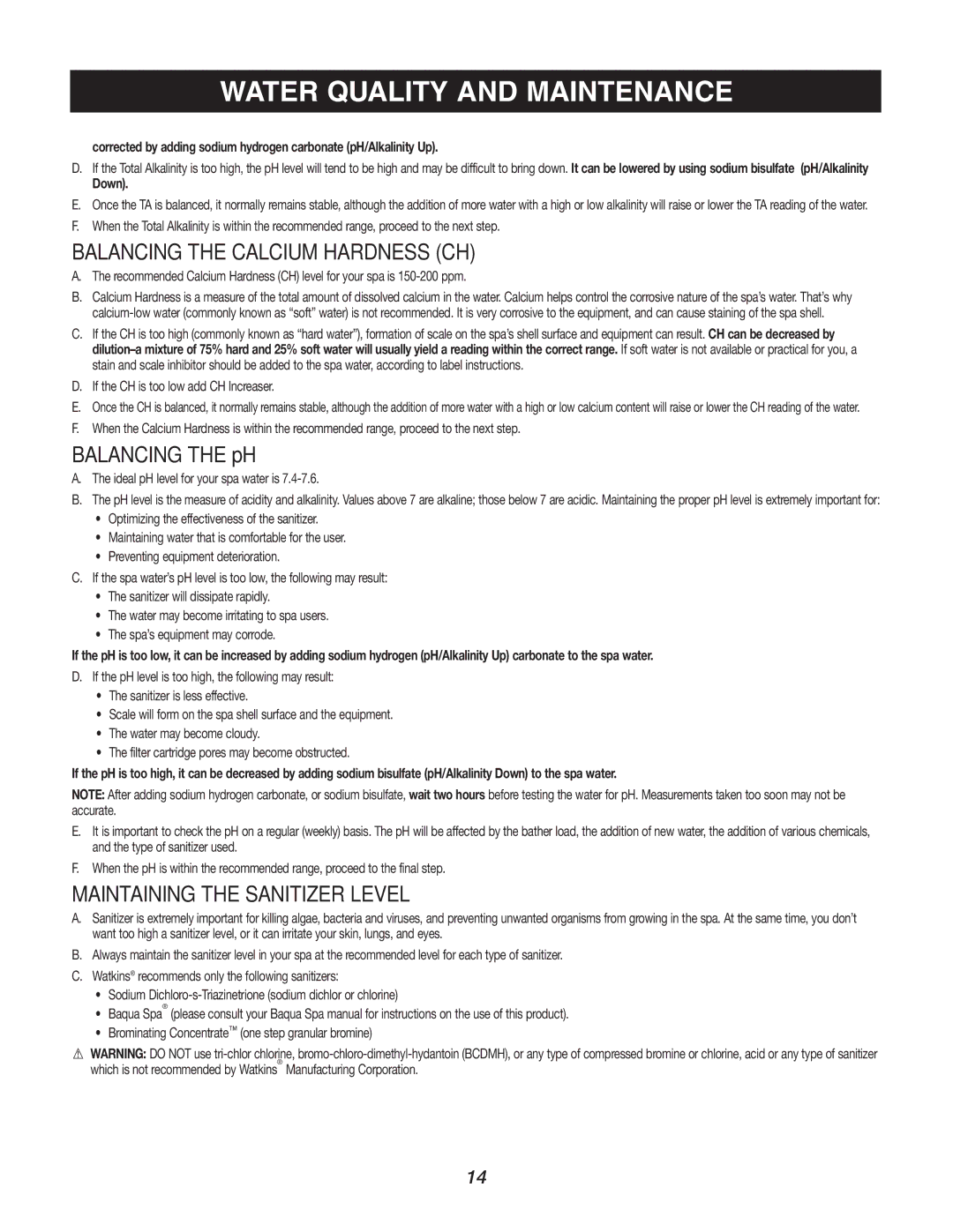 Caldera Highland Series owner manual Balancing the Calcium Hardness CH, Maintaining the Sanitizer Level 