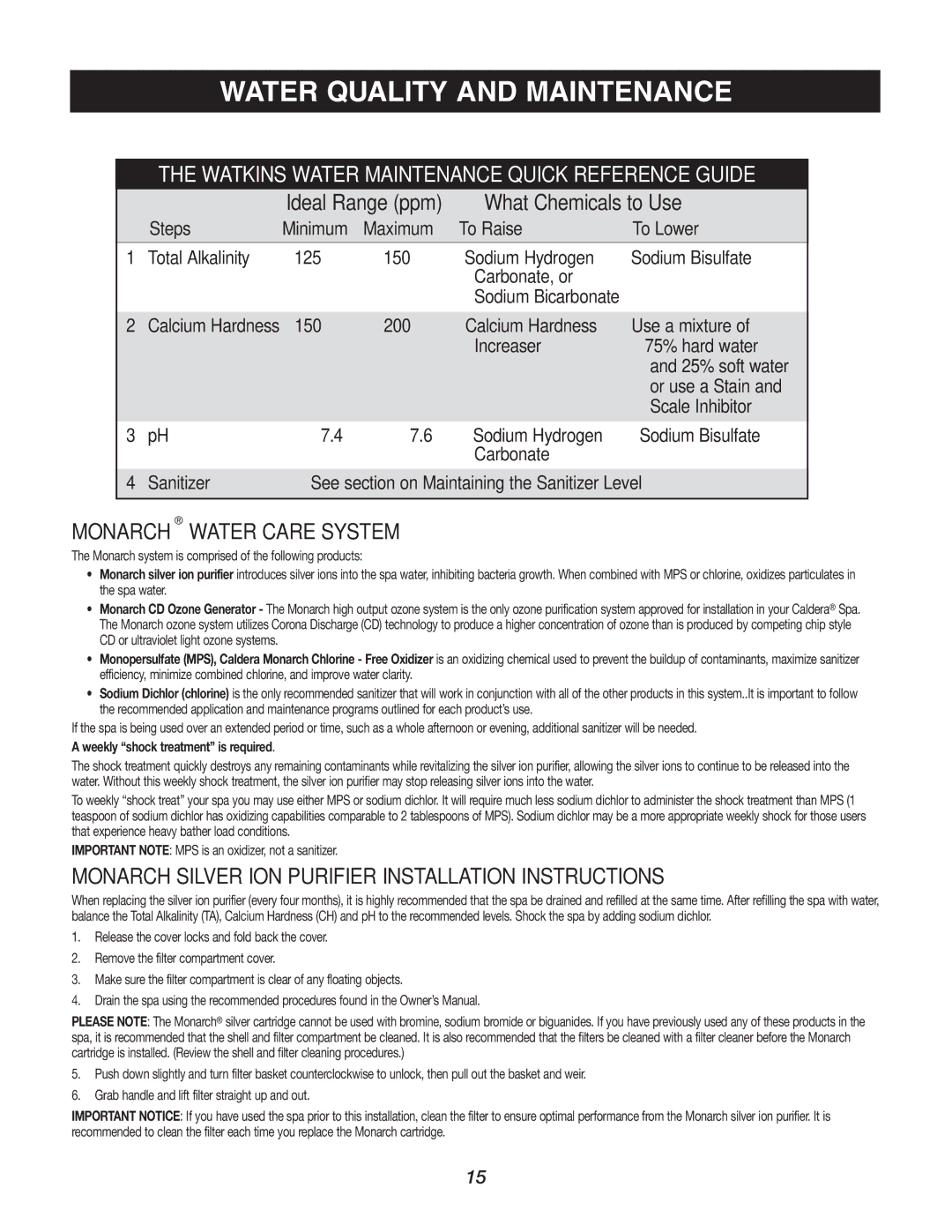 Caldera Highland Series owner manual Monarch Water Care System, Monarch Silver ION Purifier Installation Instructions 