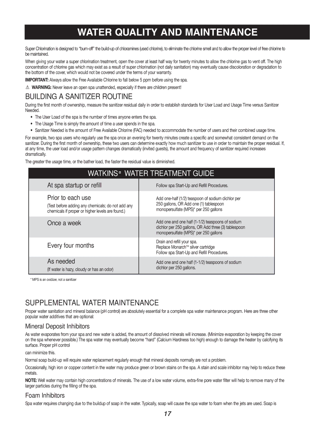 Caldera Highland Series owner manual Building a Sanitizer Routine, Supplemental Water Maintenance 