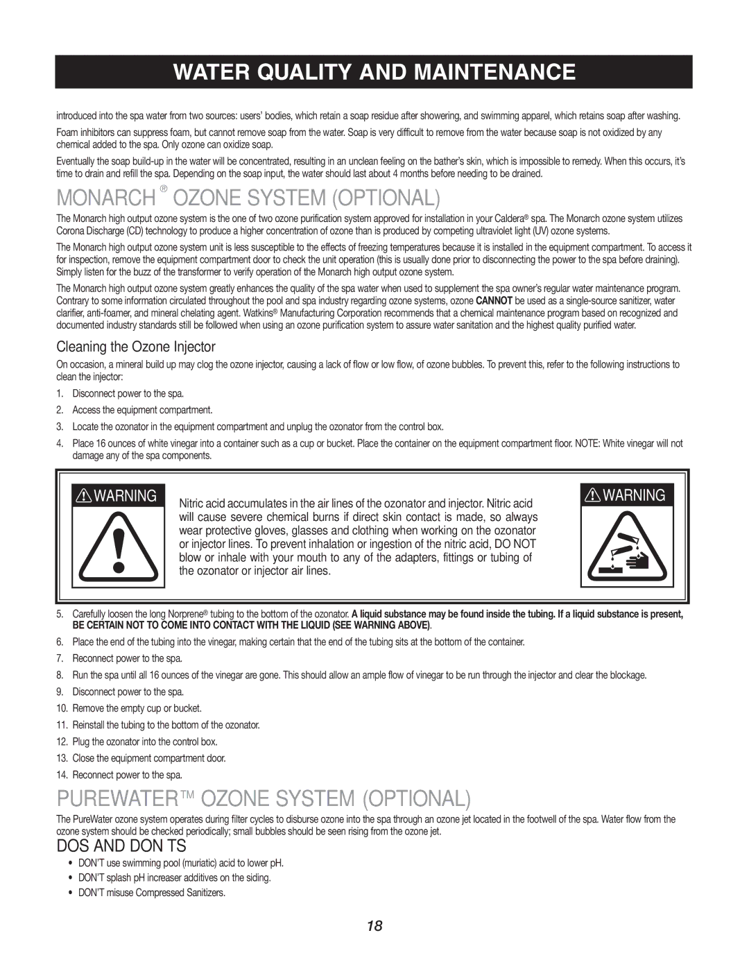 Caldera Highland Series Monarch Ozone System Optional, Purewatertm Ozone System Optional, Cleaning the Ozone Injector 