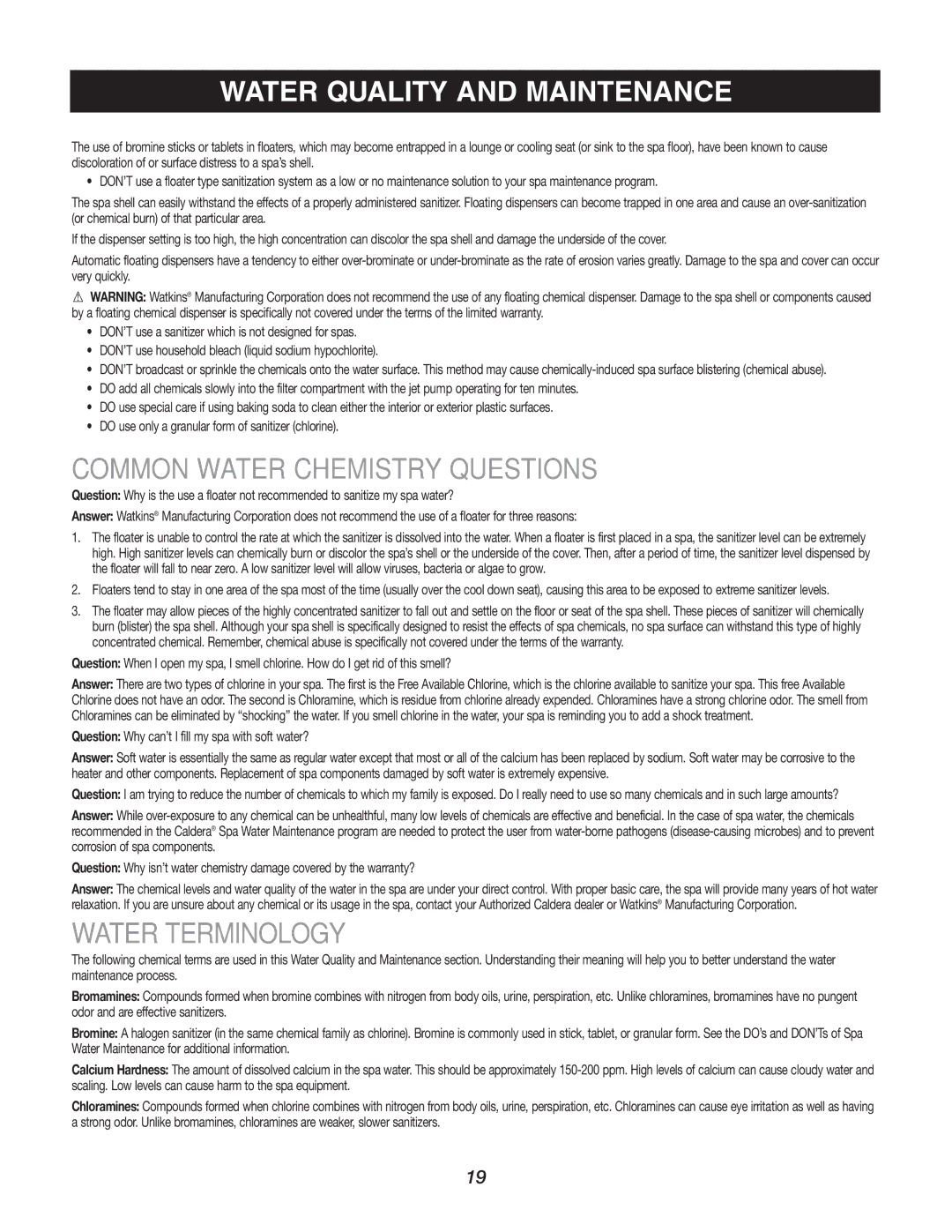 Caldera Highland Series owner manual Common Water Chemistry Questions, Water Terminology 