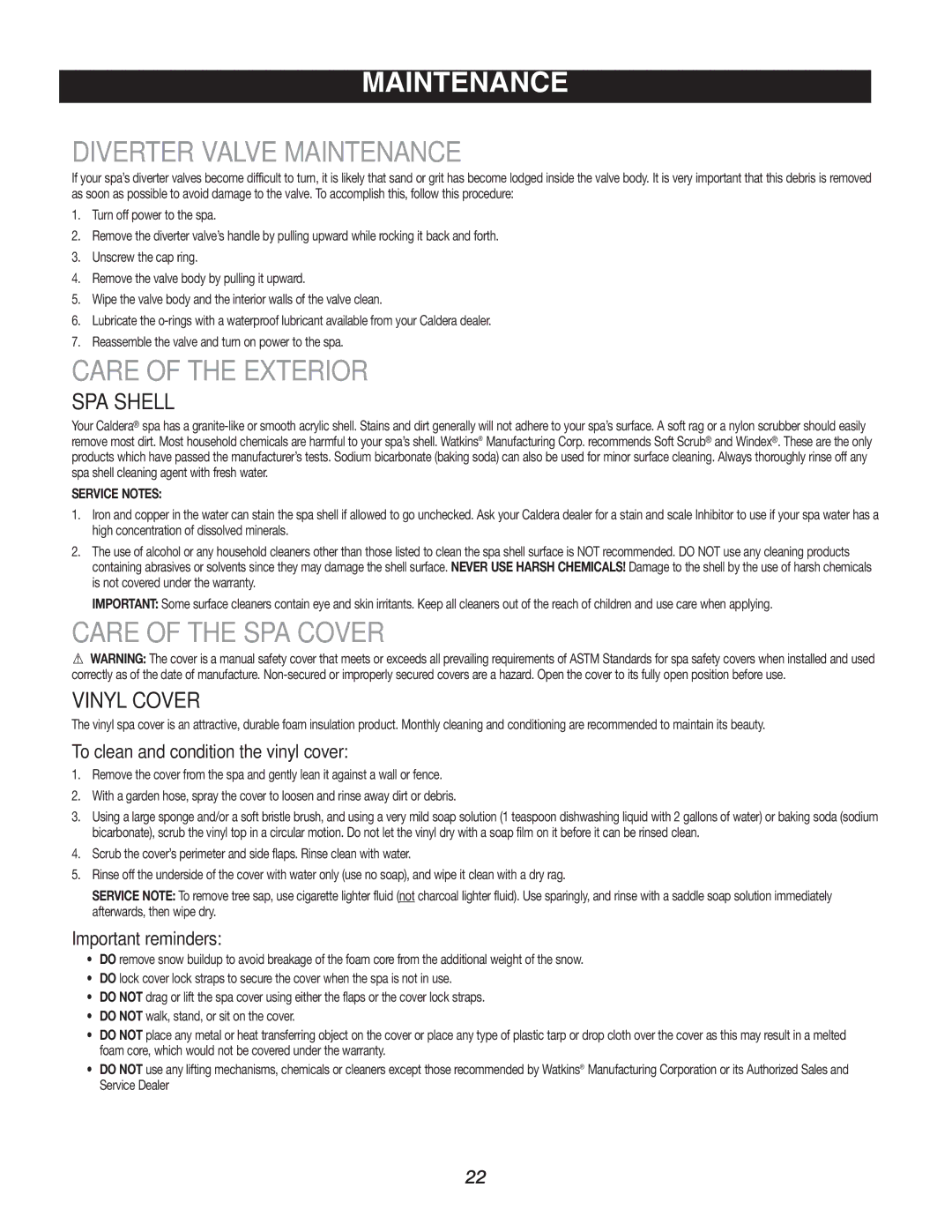 Caldera Highland Series Diverter Valve Maintenance, Care of the Exterior, Care of the SPA Cover, SPA Shell, Vinyl Cover 