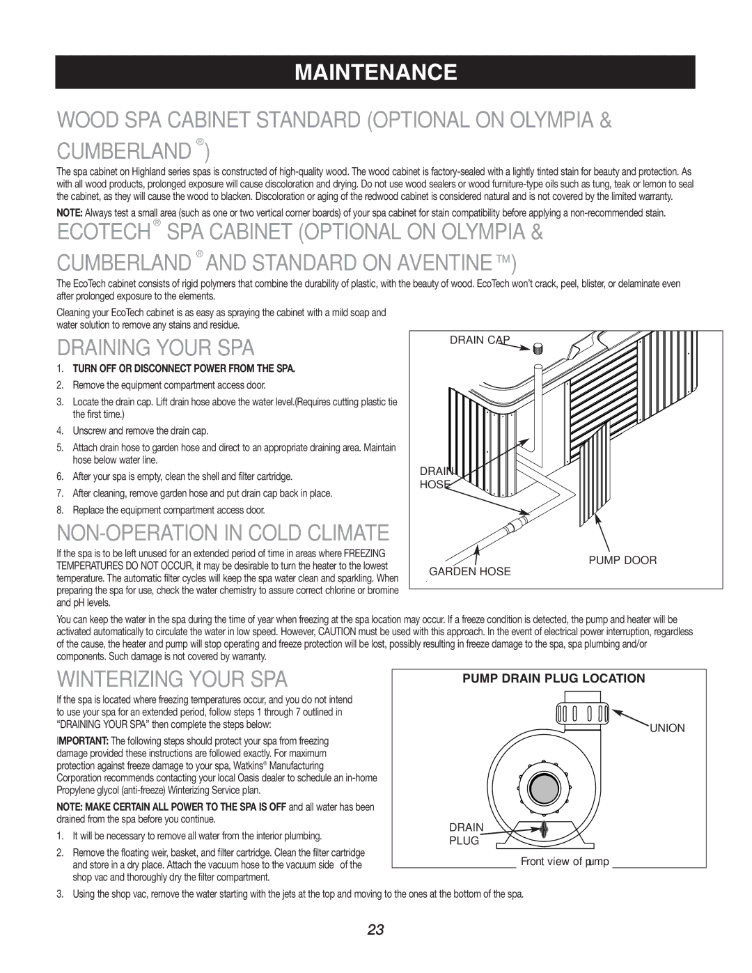 Caldera Highland Series owner manual Wood SPA Cabinet Standard Optional on Olympia & Cumberland, Draining Your SPA 