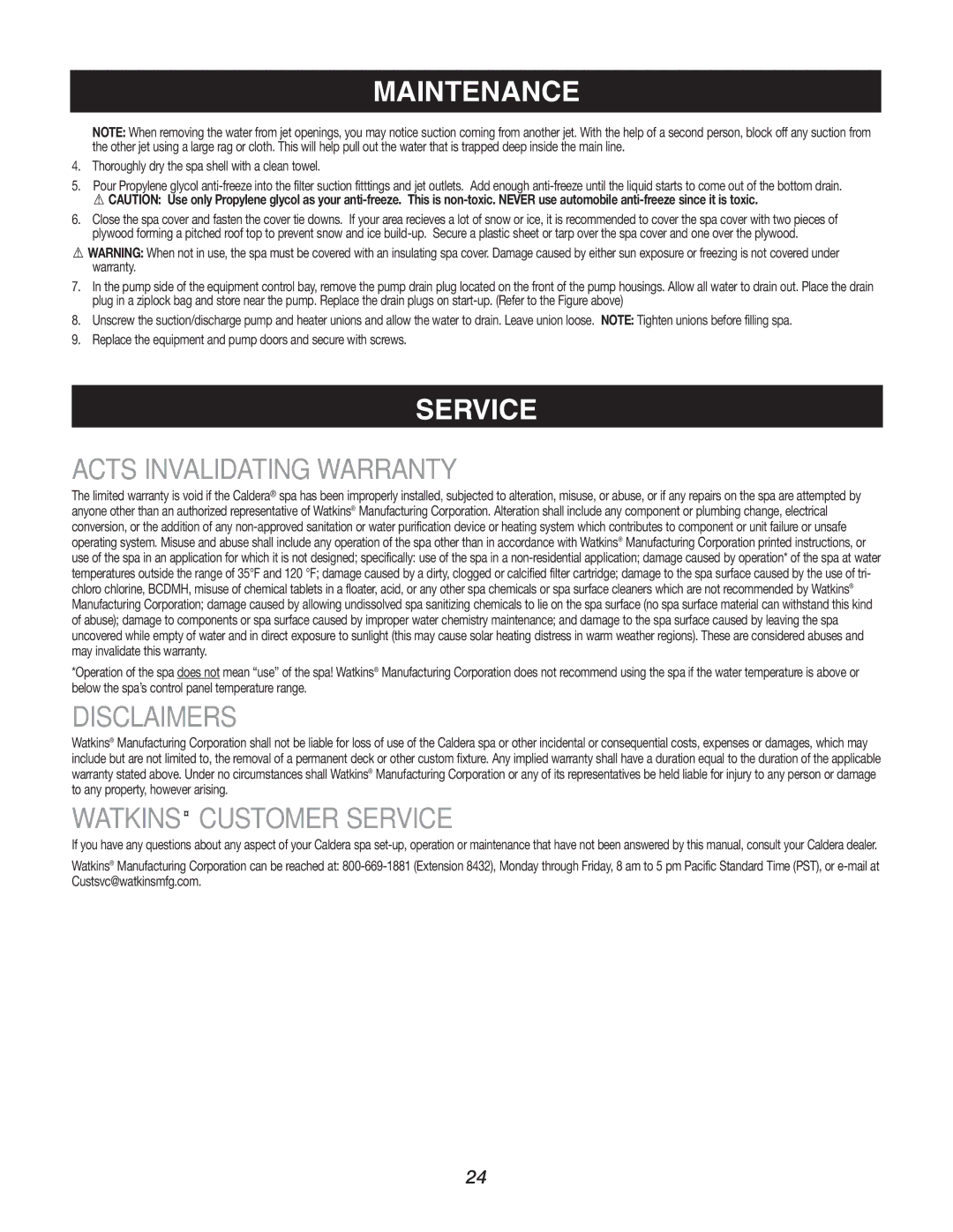 Caldera Highland Series owner manual Acts Invalidating Warranty, Disclaimers, Watkins Customer Service 