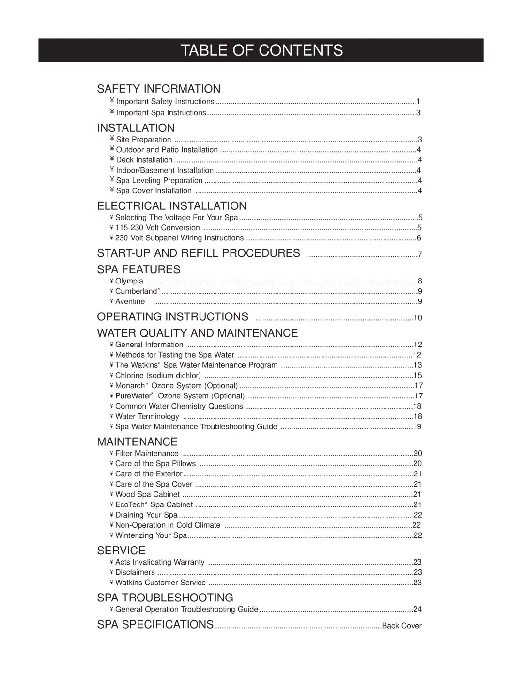 Caldera Highland Series owner manual Table of Contents 