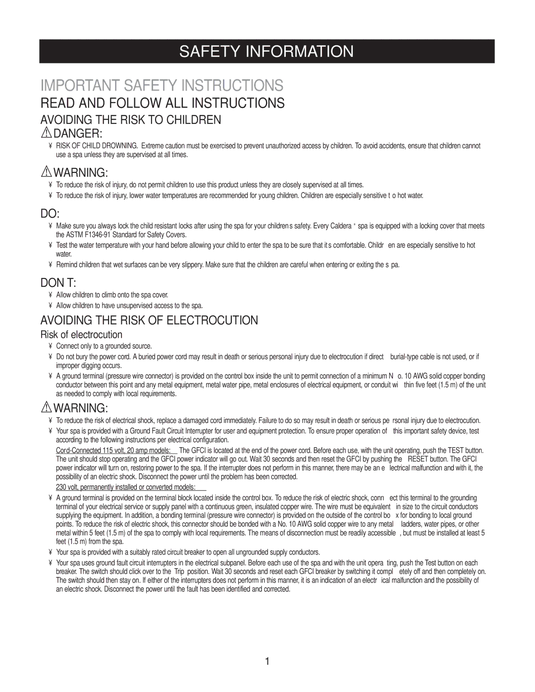 Caldera Highland Series Safety Information, Important Safety Instructions, Avoiding the Risk to Children, Don’T 