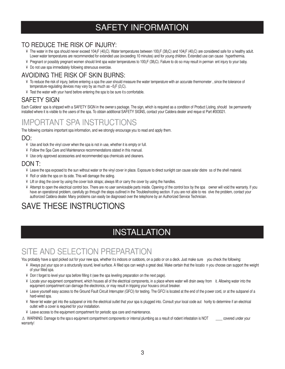 Caldera Highland Series owner manual Important SPA Instructions, Installation, Site and Selection Preparation 