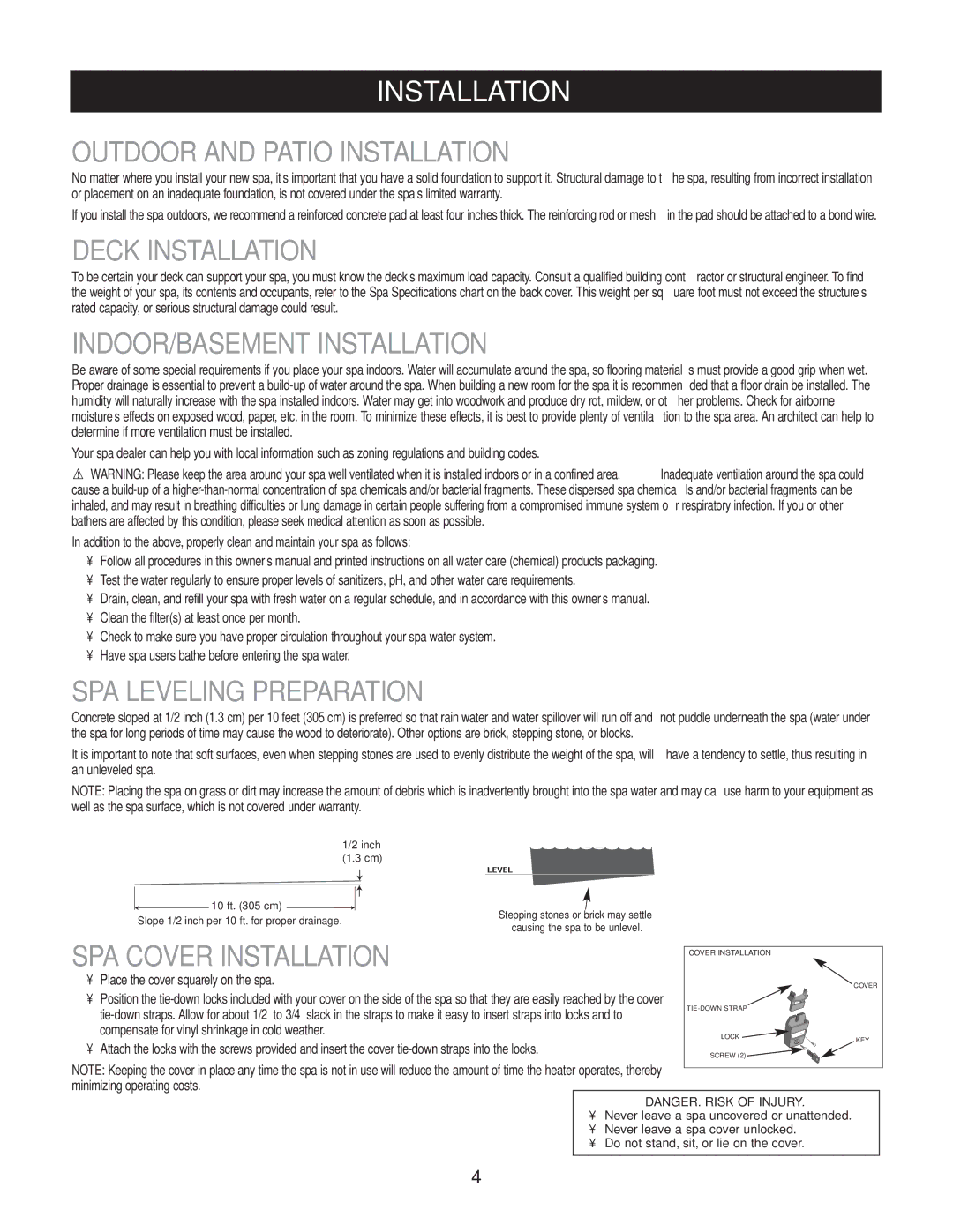 Caldera Highland Series owner manual Outdoor and Patio Installation, Deck Installation, INDOOR/BASEMENT Installation 