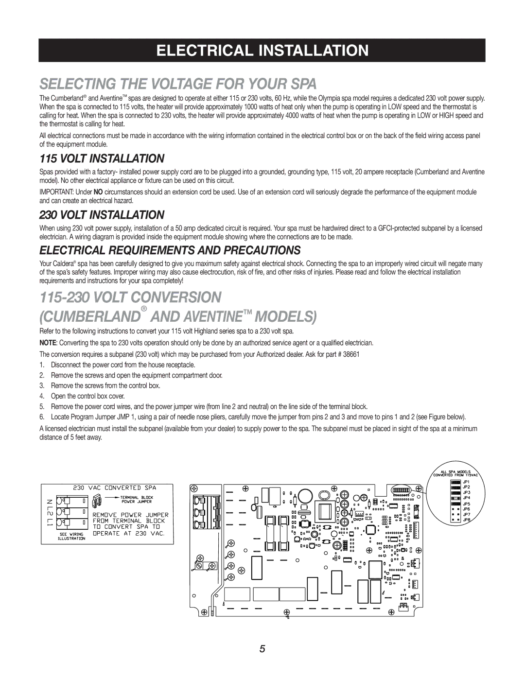 Caldera Highland Series owner manual Electrical Installation, Selecting the Voltage for Your SPA, Volt Installation 