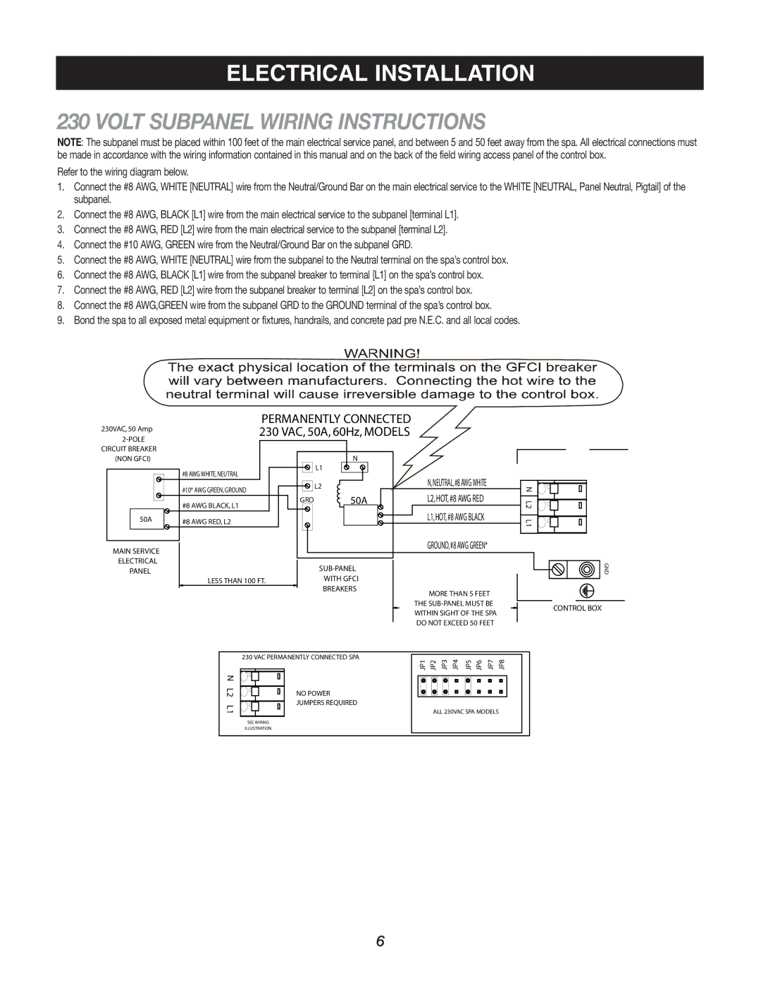 Caldera Highland Series owner manual Volt Subpanel Wiring Instructions, Permanently Connected 