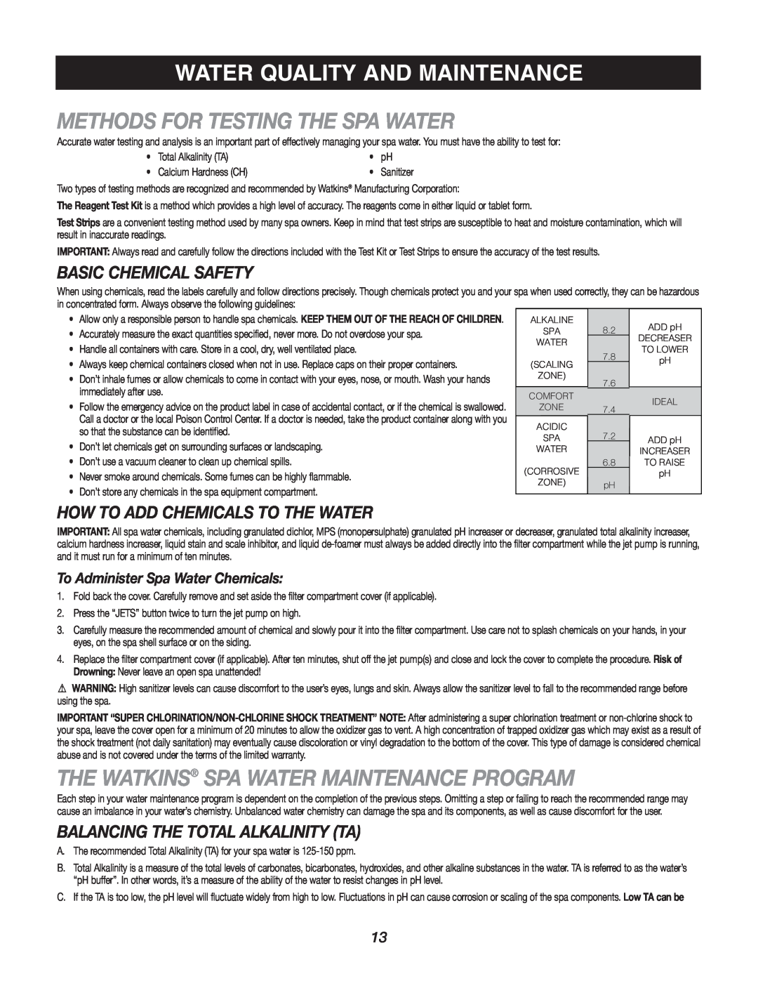 Caldera Highland Series owner manual Methods For Testing The Spa Water, The Watkins Spa Water Maintenance Program 