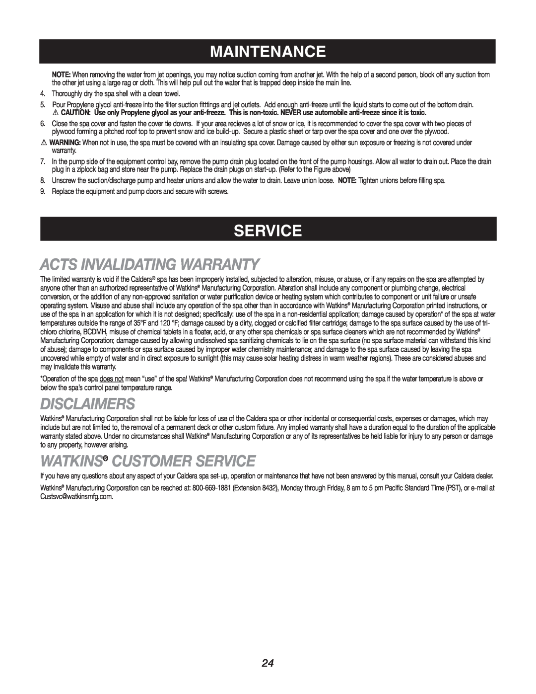 Caldera Highland Series owner manual Acts Invalidating Warranty, Disclaimers, Watkins Customer Service, Maintenance 